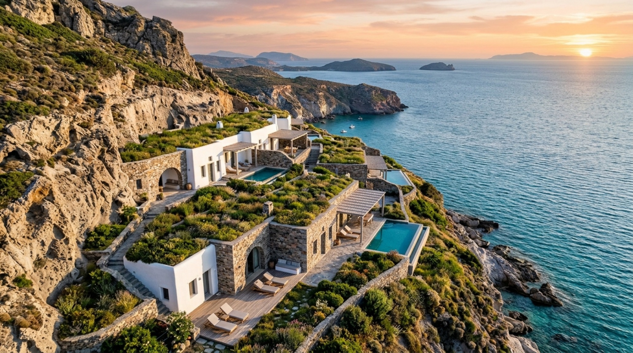 subterranean Aegean villas exterior showing the building dissolving into the hillside with stone-clad roofs and native plantings. subterranean Aegean villas exterior showing the building dissolving into the hillside with stone-clad roofs and native plantings.