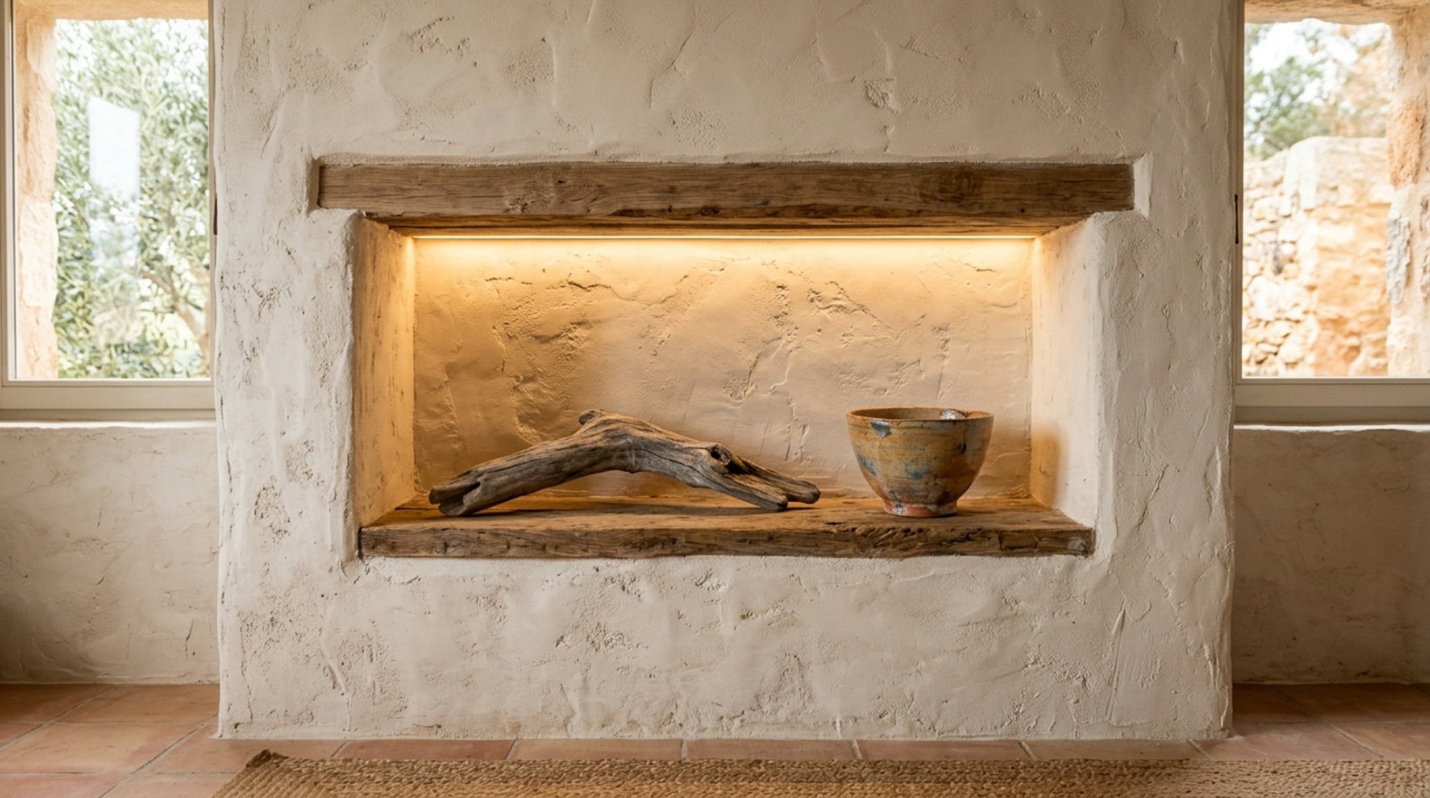 Neo-vernacular Mediterranean design detail of a recessed wall niche with indirect 2700K lighting and artisan pottery. Neo-vernacular Mediterranean design detail of a recessed wall niche with indirect 2700K lighting and artisan pottery.