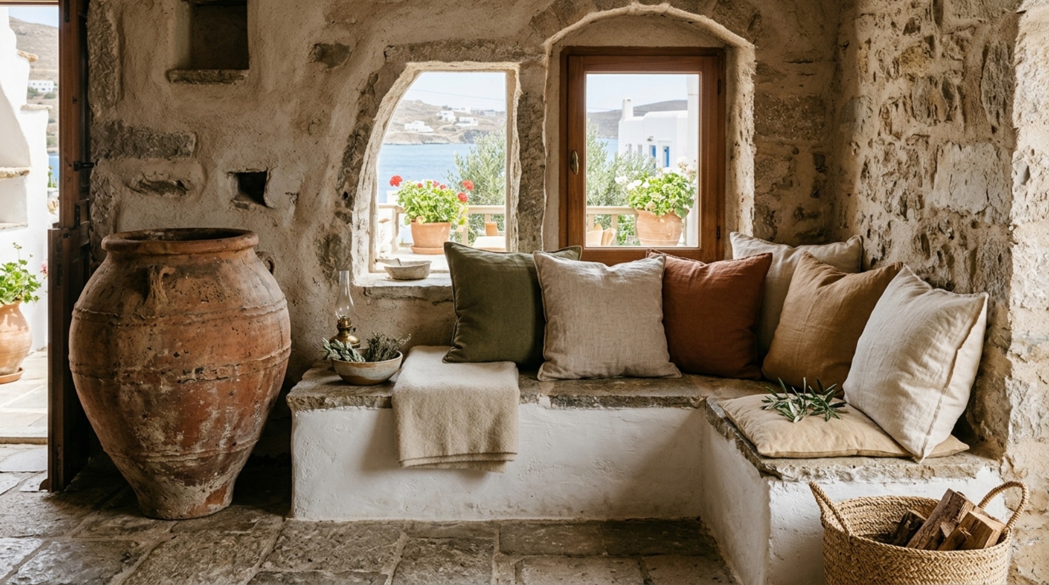 contemporary Greek interior trends involving oversized terracotta vessels and reclaimed wood furniture against a monolithic backdrop. contemporary Greek interior trends involving oversized terracotta vessels and reclaimed wood furniture against a monolithic backdrop.