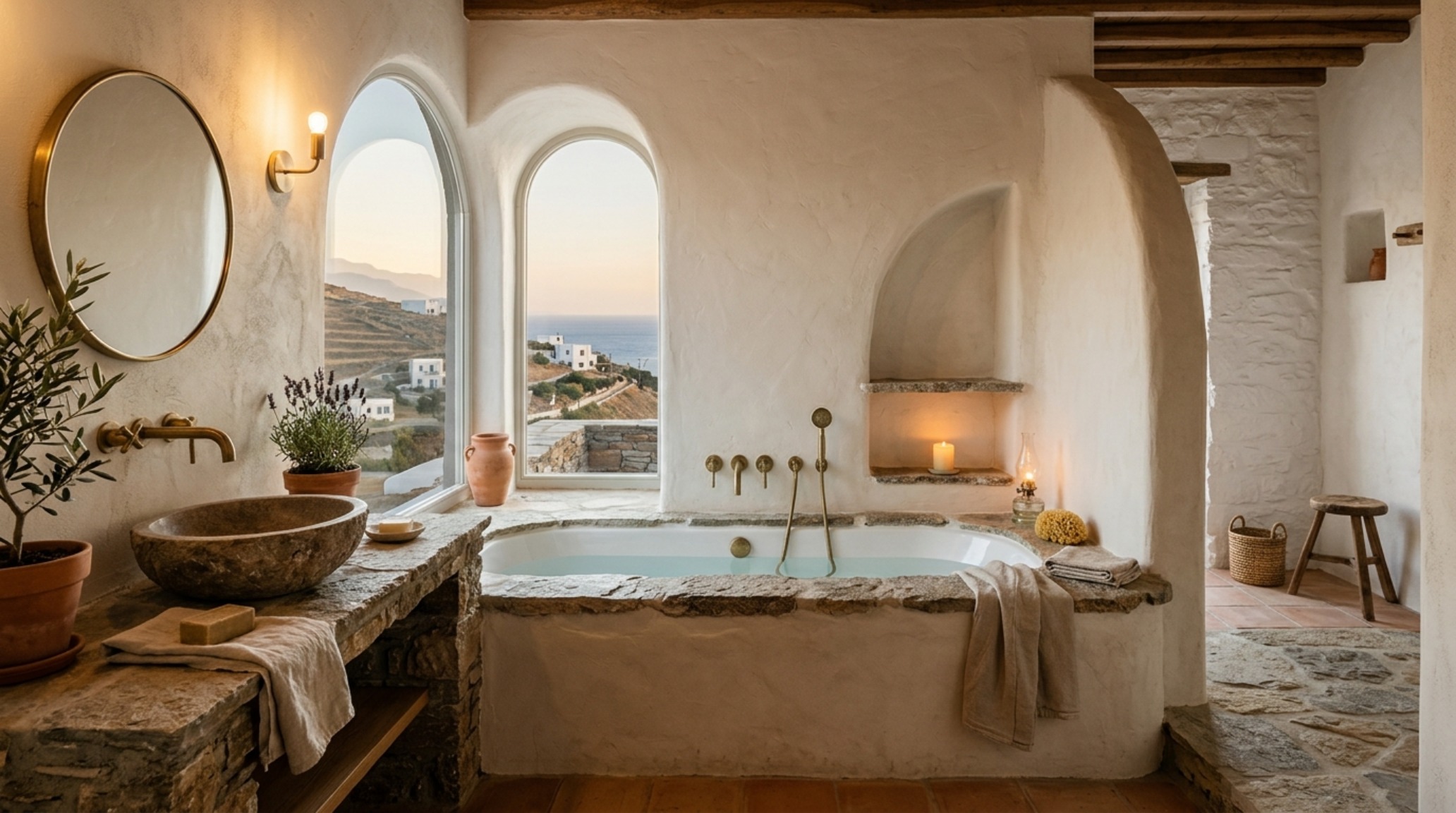 Neo-vernacular Mediterranean design bathroom with a tadelakt finish shower and an integrated stone vanity with recessed brass fittings. Neo-vernacular Mediterranean design bathroom with a tadelakt finish shower and an integrated stone vanity with recessed brass fittings.