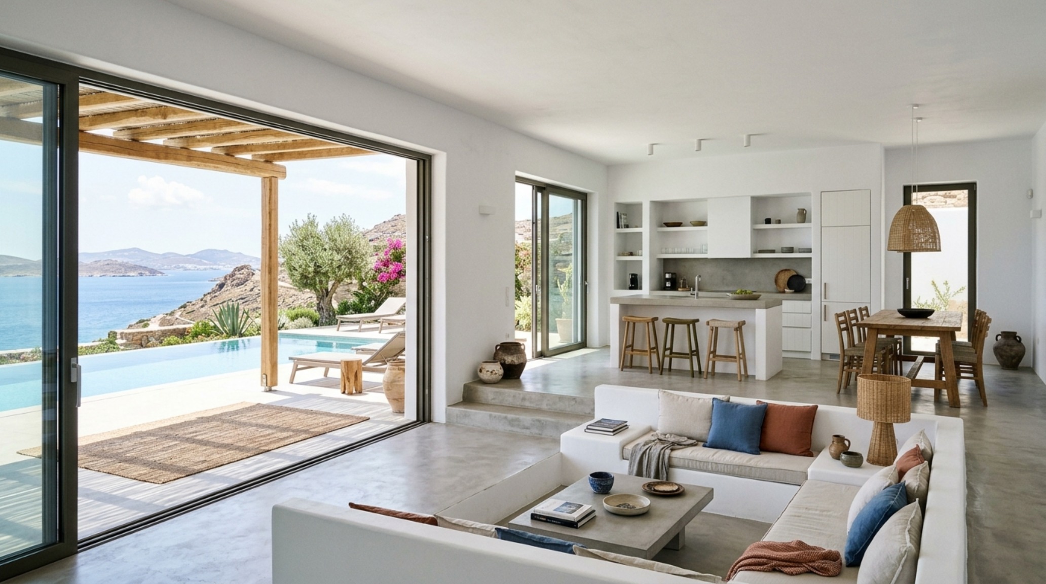 Hellenic spatial planning in a communal living area with staggered floor levels and seamless transitions to the outdoor terrace. Hellenic spatial planning in a communal living area with staggered floor levels and seamless transitions to the outdoor terrace.