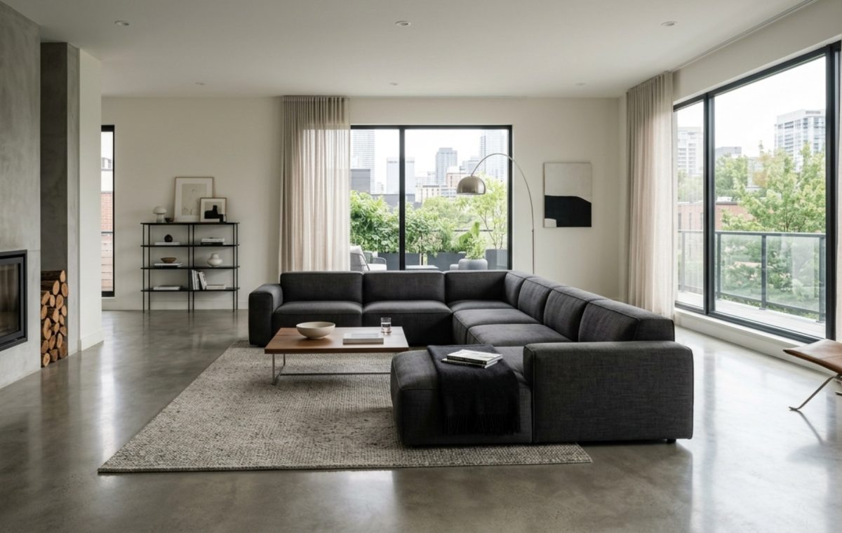 A wide-angle shot of a minimalist bachelors pad living room featuring 36-inch clear walkways and a low-slung charcoal linen sofa.