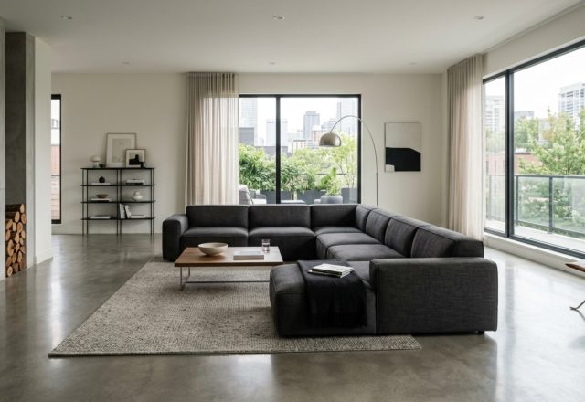 A wide-angle shot of a minimalist bachelors pad living room featuring 36-inch clear walkways and a low-slung charcoal linen sofa.