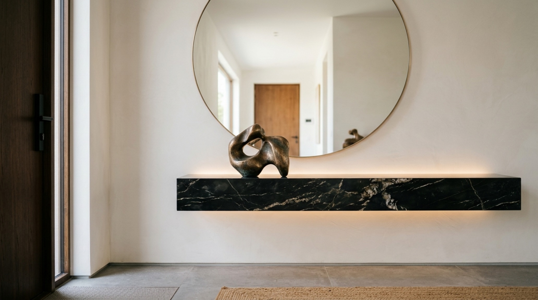 A sleek entryway console in a modern mens home aesthetic featuring a single sculptural bowl and diffused warm lighting.