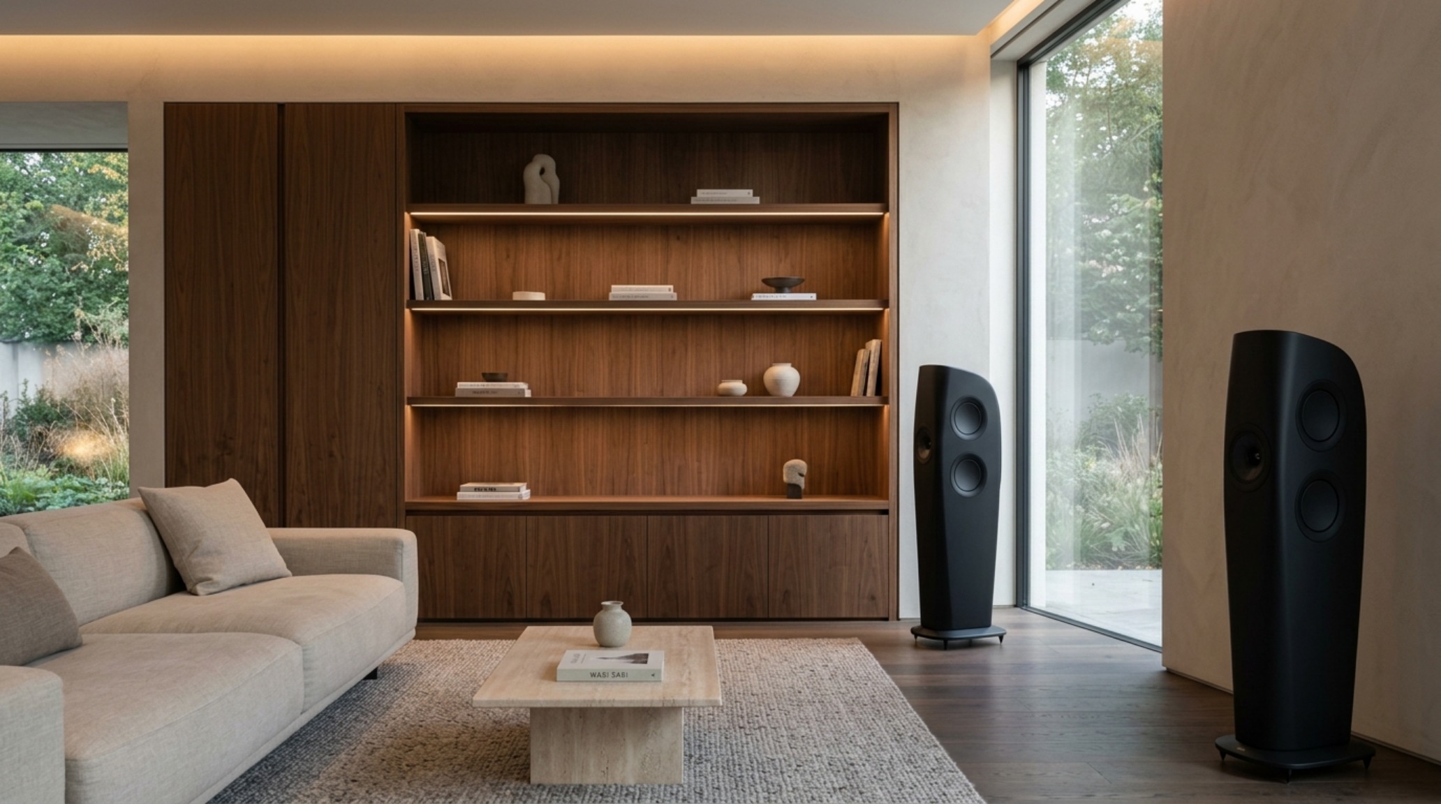 Luxury minimalist living room showcasing a high-end audio setup integrated into a custom walnut wall unit.