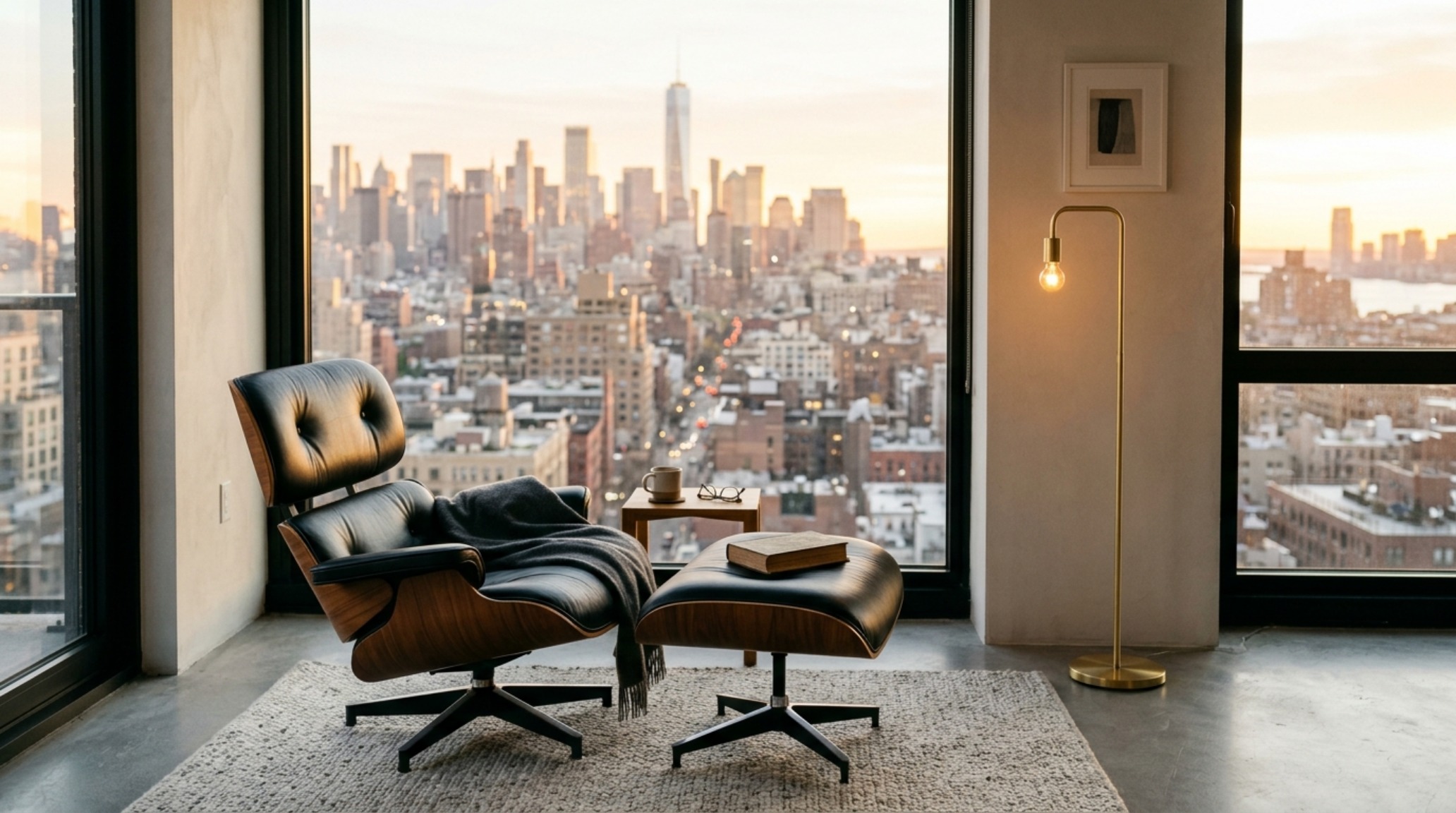 A reading nook in a bachelor pad with a classic Eames lounge chair, a minimal brass lamp, and a view of the city skyline.