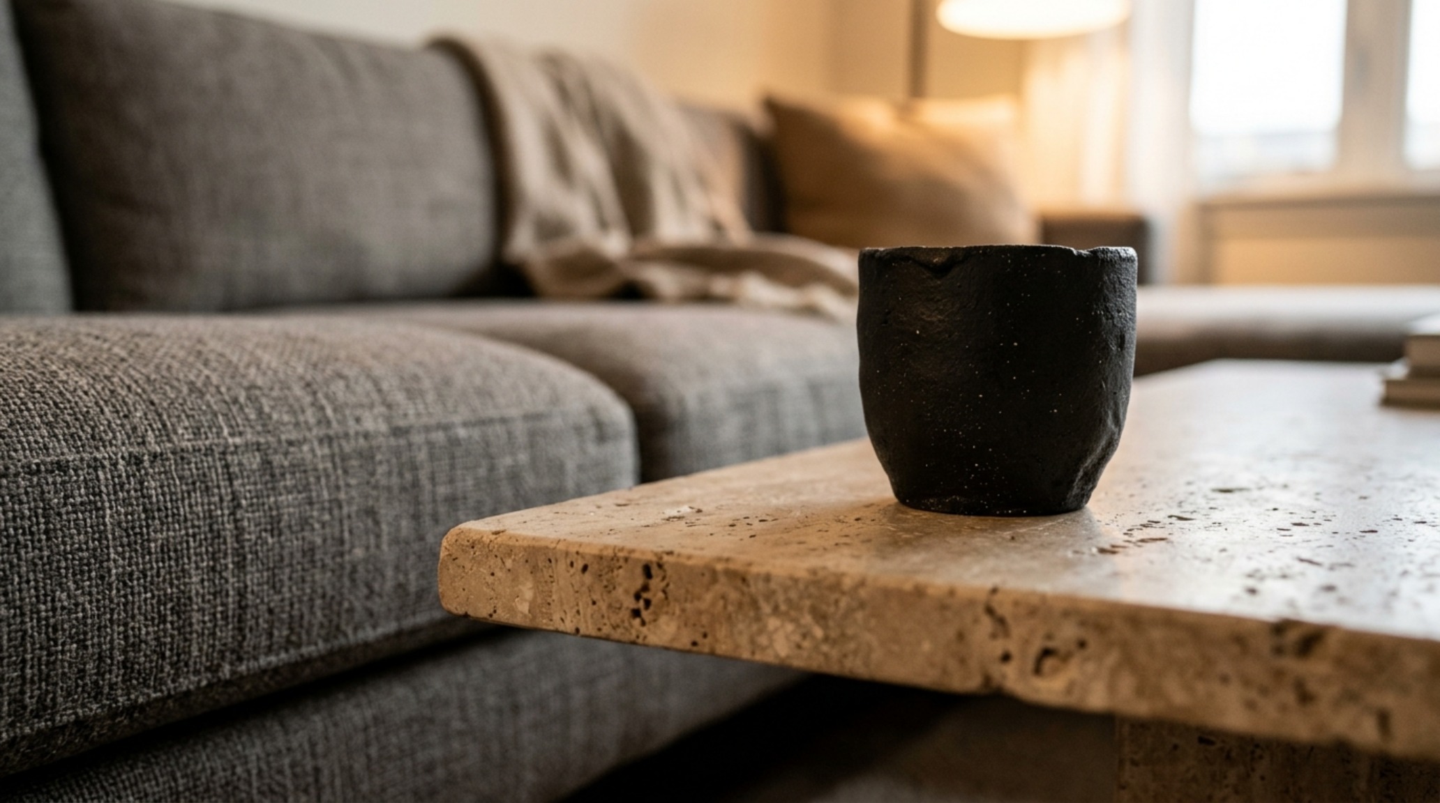 Close-up of a honed travertine coffee table at 18-inch reach from a designer armchair with warm 2700K lighting.