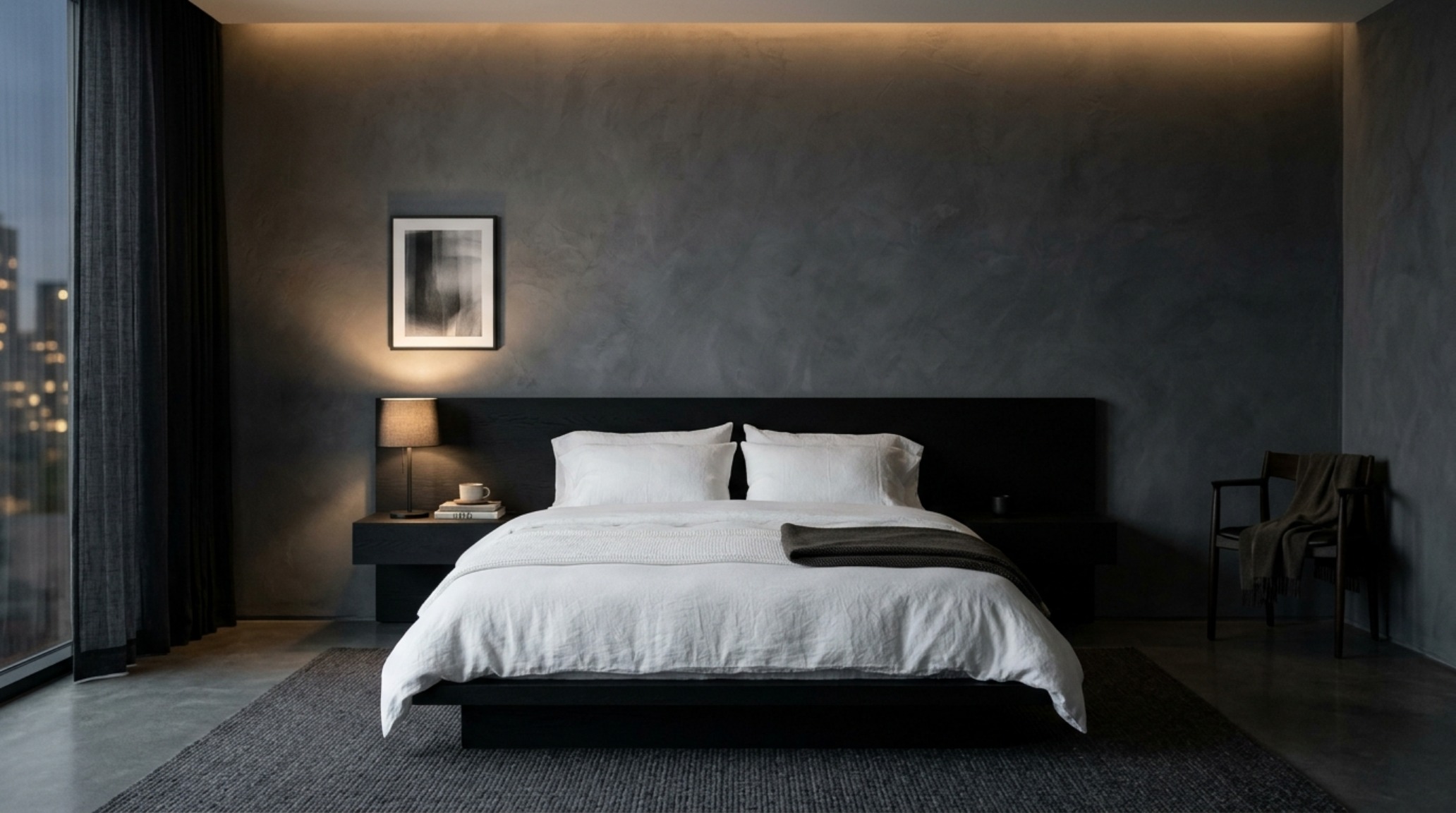 A dark minimalist bedroom for men featuring slate gray limewash walls, a low platform bed, and integrated floating nightstands.