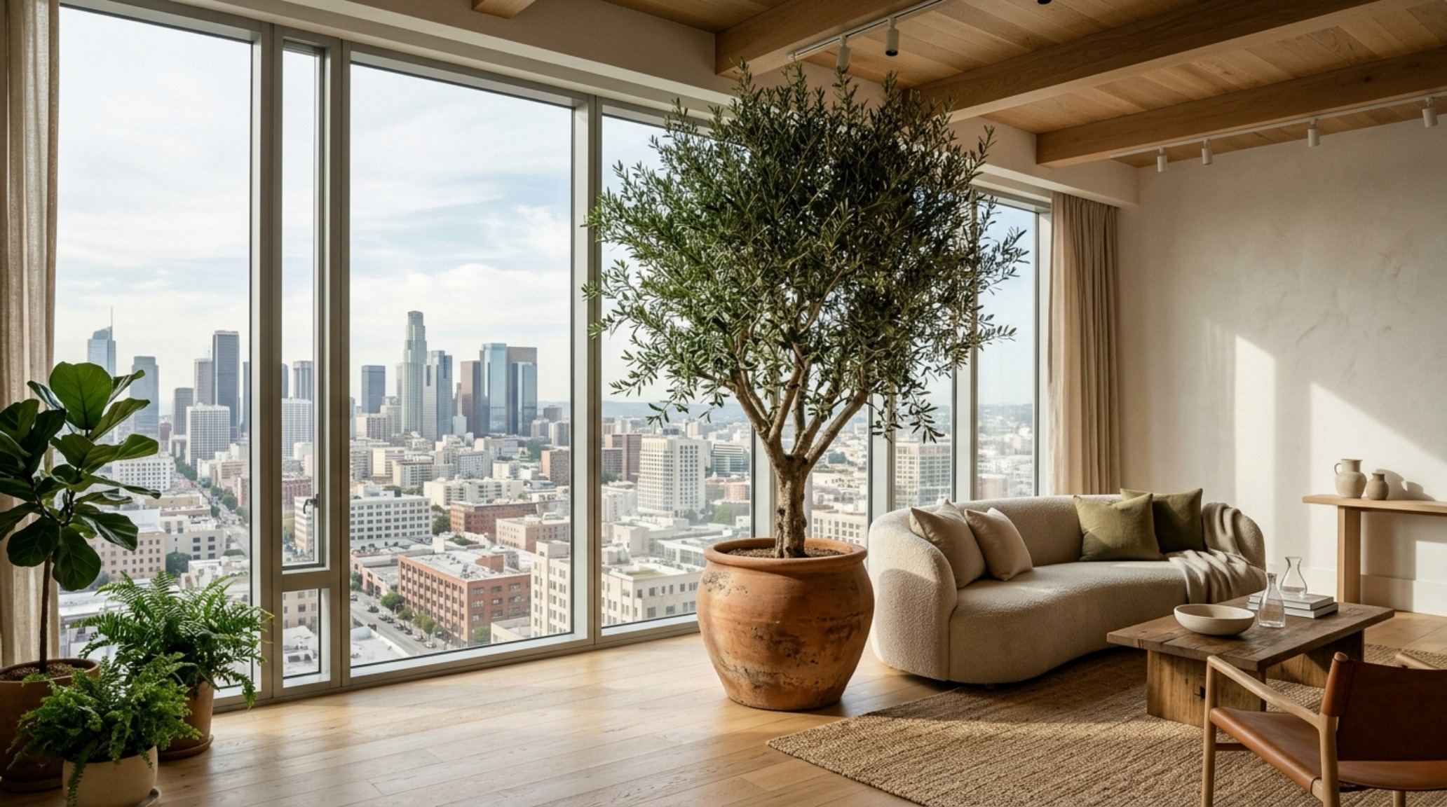 Modern organic bachelor pad living area with a large structural Olive tree in a clay pot and floor-to-ceiling windows.