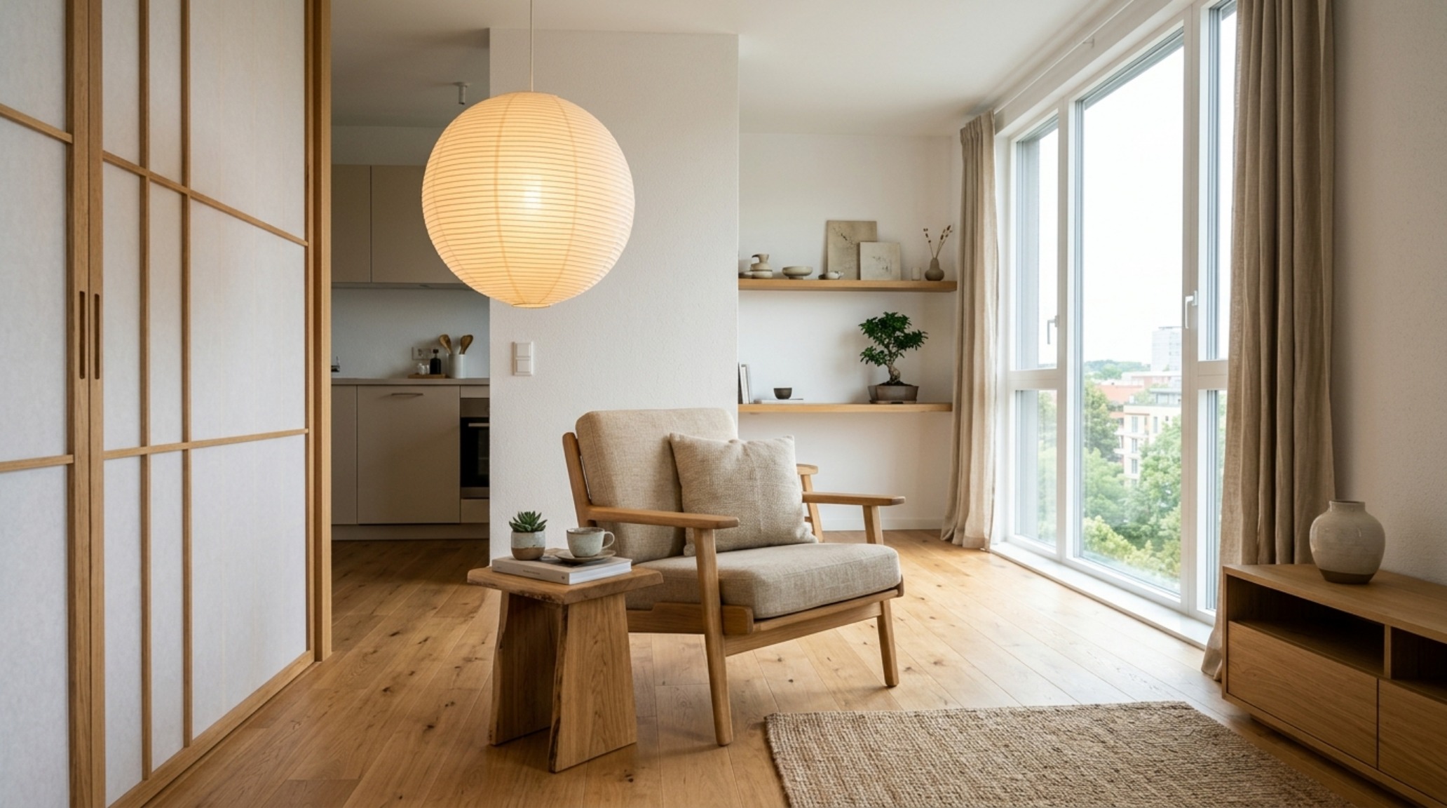 Japandi style bachelor pad featuring light wood textures, paper lantern lighting, and a low-profile lounge chair.