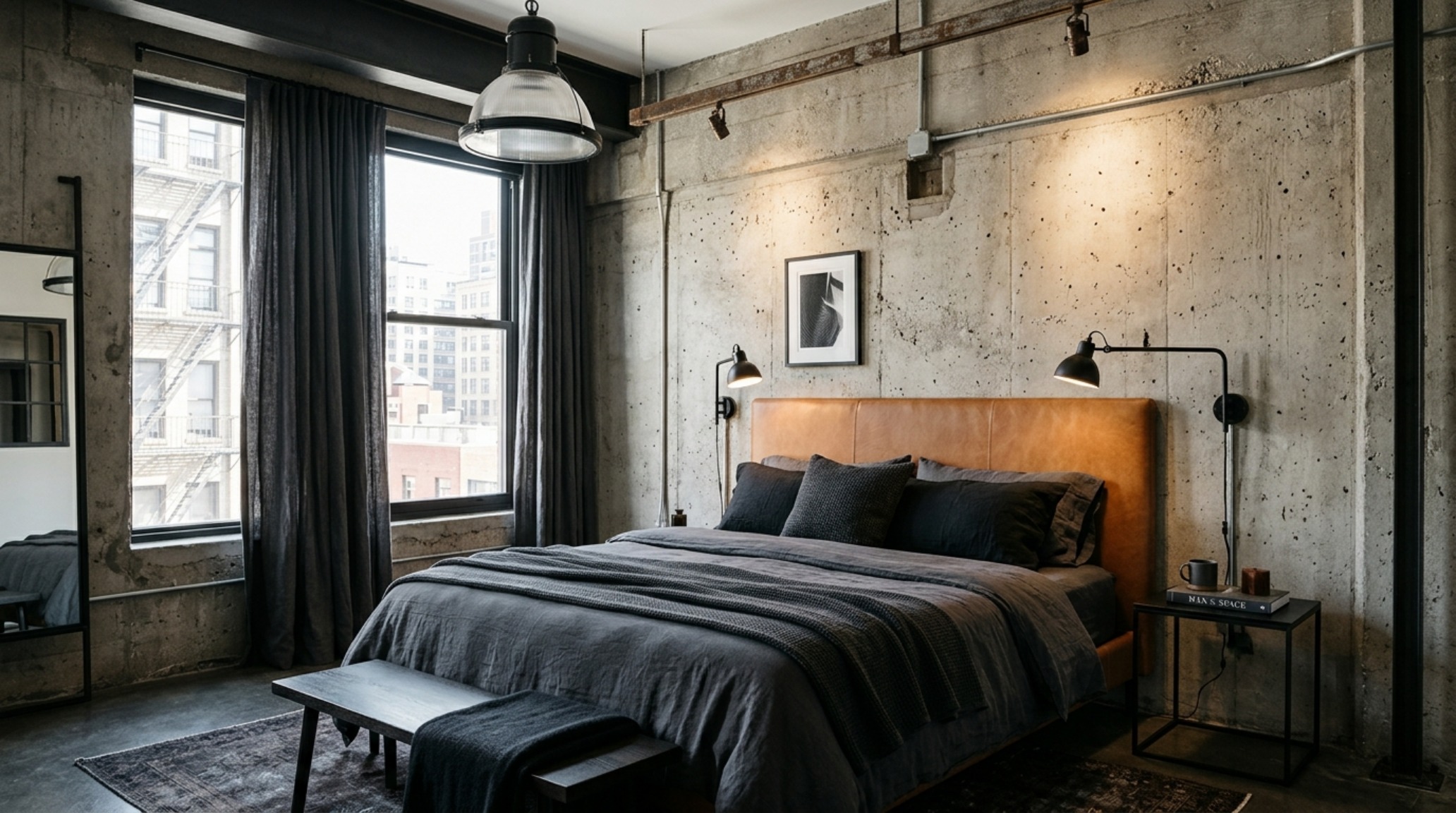 Industrial minimalist mens bedroom with exposed concrete walls, a warm leather headboard, and black metal accents.