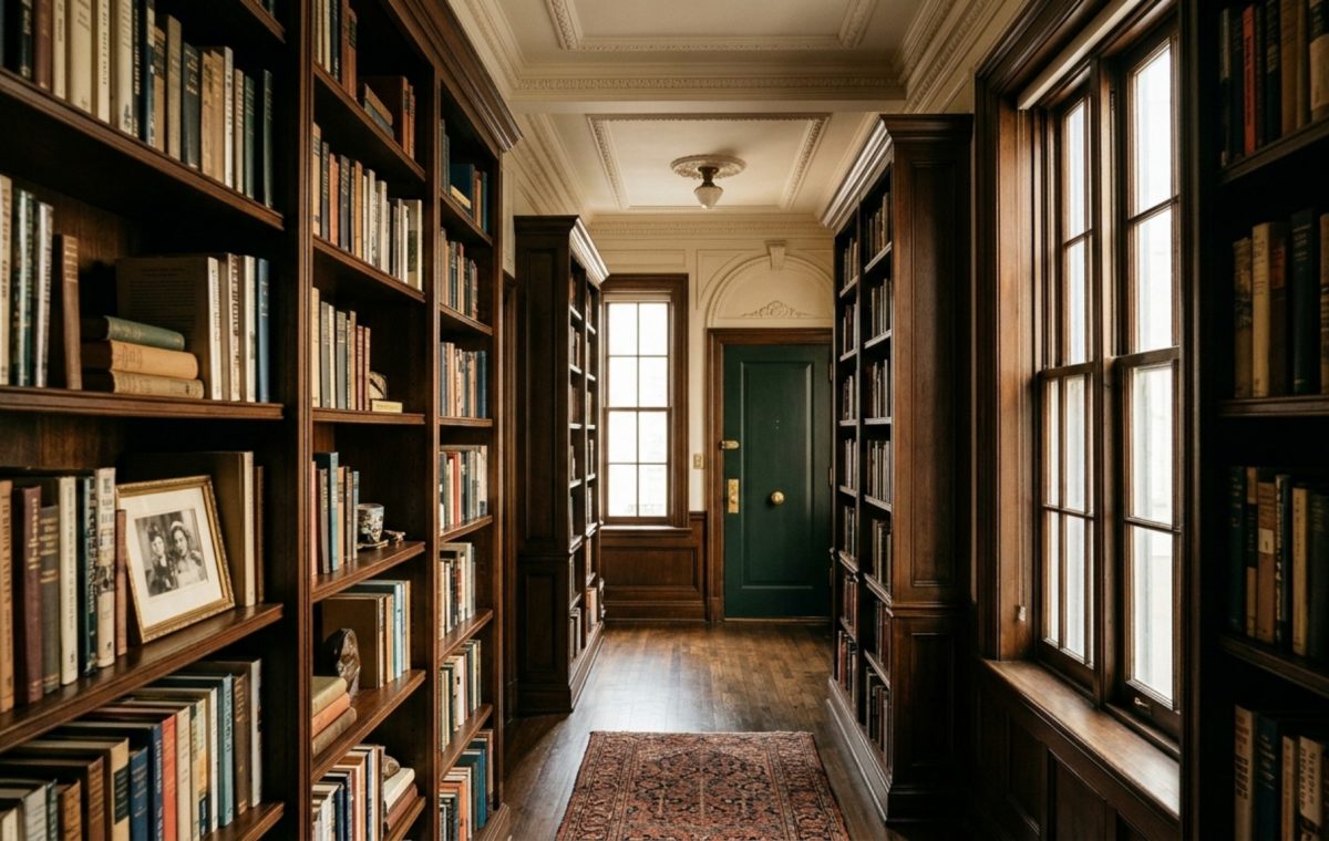 A traditional NYC apartment foyer showcasing floor-to-ceiling library shelving in a dark charcoal finish with warm brass library lights and 36-inch circulation paths.