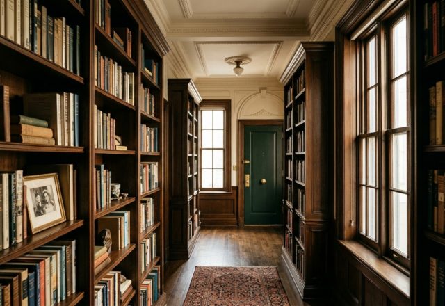 A traditional NYC apartment foyer showcasing floor-to-ceiling library shelving in a dark charcoal finish with warm brass library lights and 36-inch circulation paths.