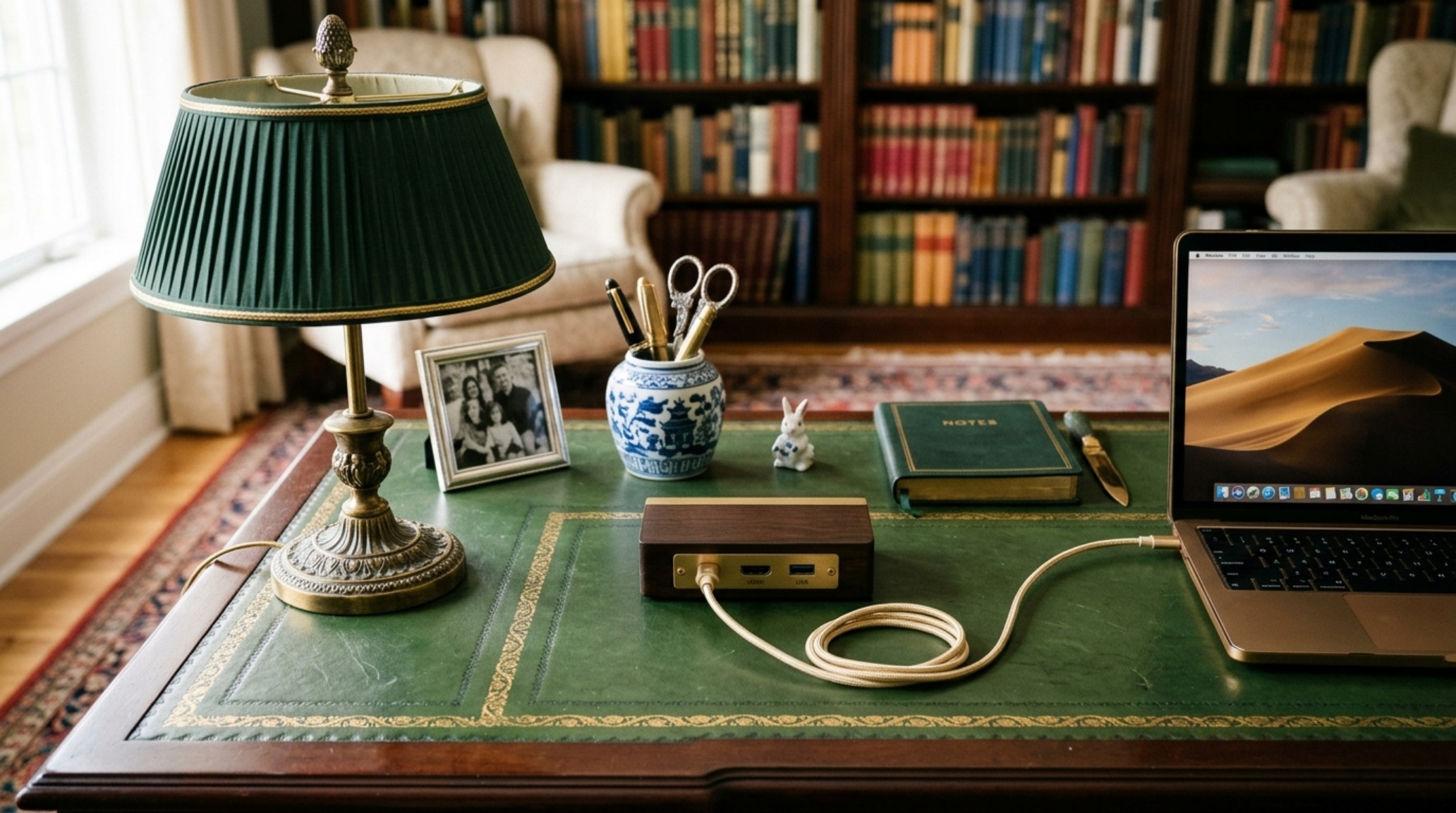 Close-up of a Grandmillennial desk setup with traditional stationery, a vintage brass lamp, and hidden wire management systems for a seamless aesthetic.