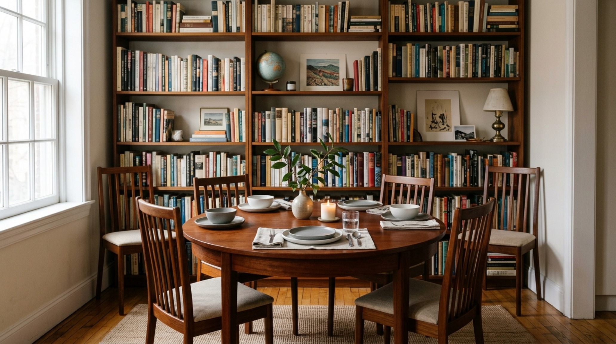 Small-space dining area with a 48-inch round wooden table, 30-inch chair clearances, and a backdrop of traditional library styling with tiered book displays.