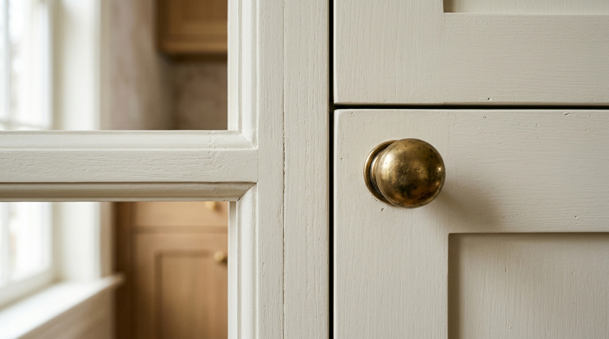 Macro shot of architectural millwork joinery in a classic apartment, showing the texture of Benjamin Moore Swiss Coffee paint and unlacquered brass hardware.