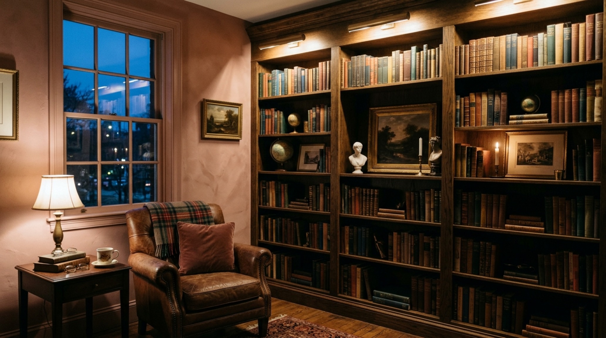 Interior lighting design featuring 2700K ambient glow and shadow play across a collection of ceramics and leather-bound books in a Grandmillennial studio.
