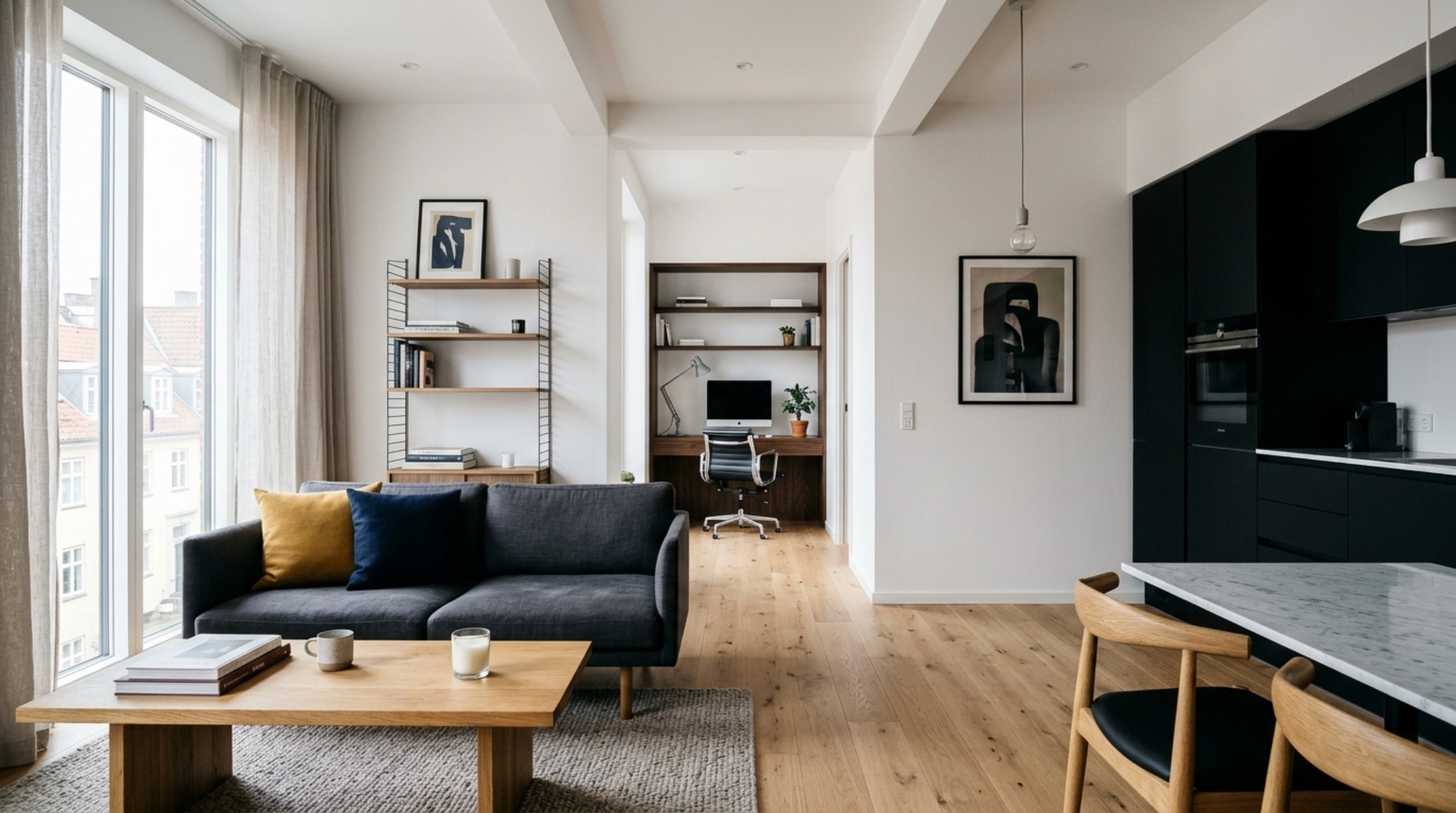 Architectural view of a small-scale living room with sightline alignment between a window seat and a bespoke media cabinet concealing modern electronics.