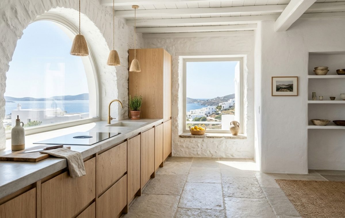 A wide-angle shot of a Mediterranean kitchen featuring Benjamin Moore Swiss Coffee walls and 36-inch walkway clearances, showcasing a modern antikythera island pay to live there decor idea for remote living.