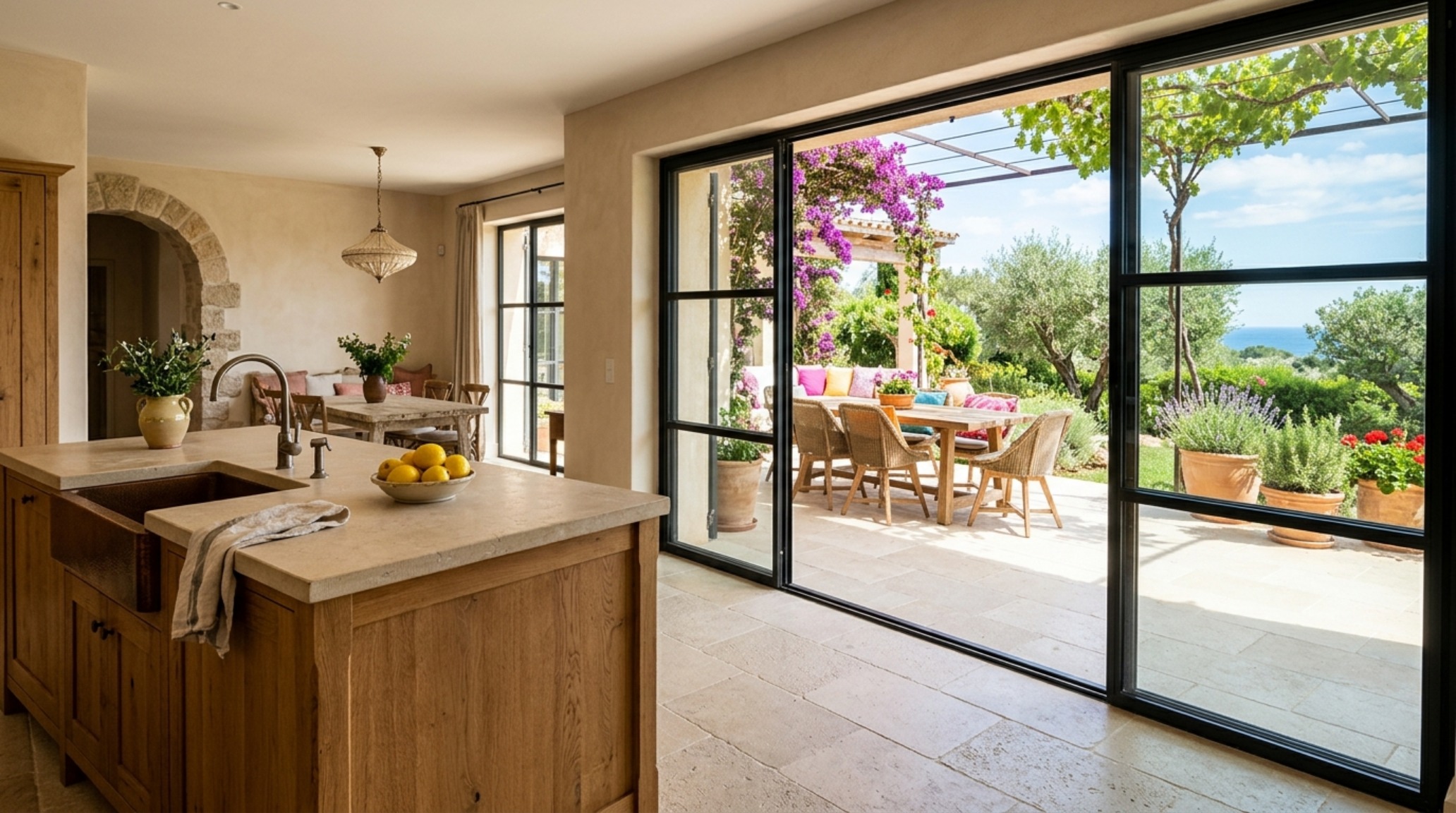 Large-format limestone flooring extending from a modern kitchen to an outdoor terrace, creating a seamless sightline alignment.