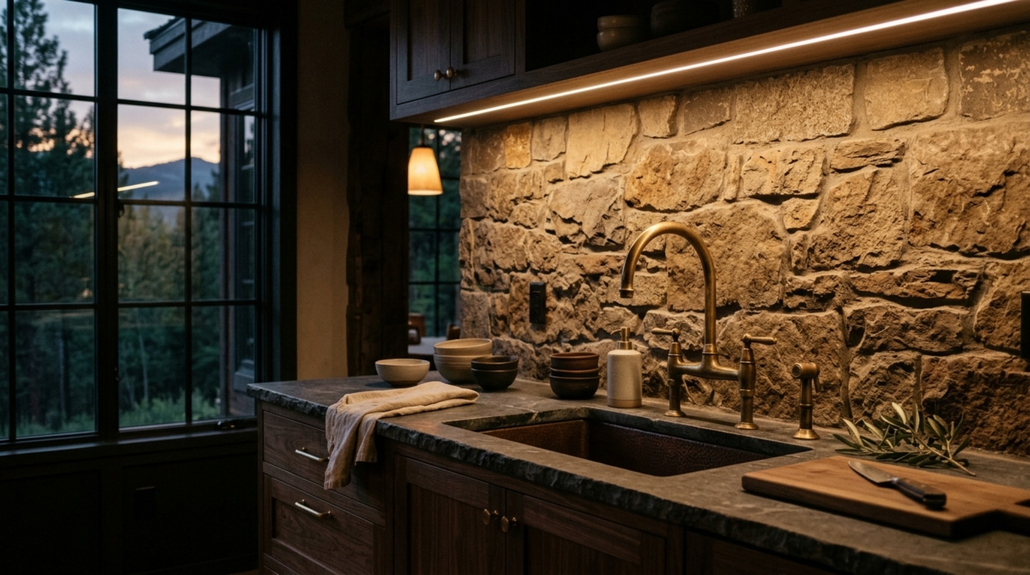 Evening shot of a remote island kitchen with warm LED strips illuminating deep drawers and textured plaster surfaces.