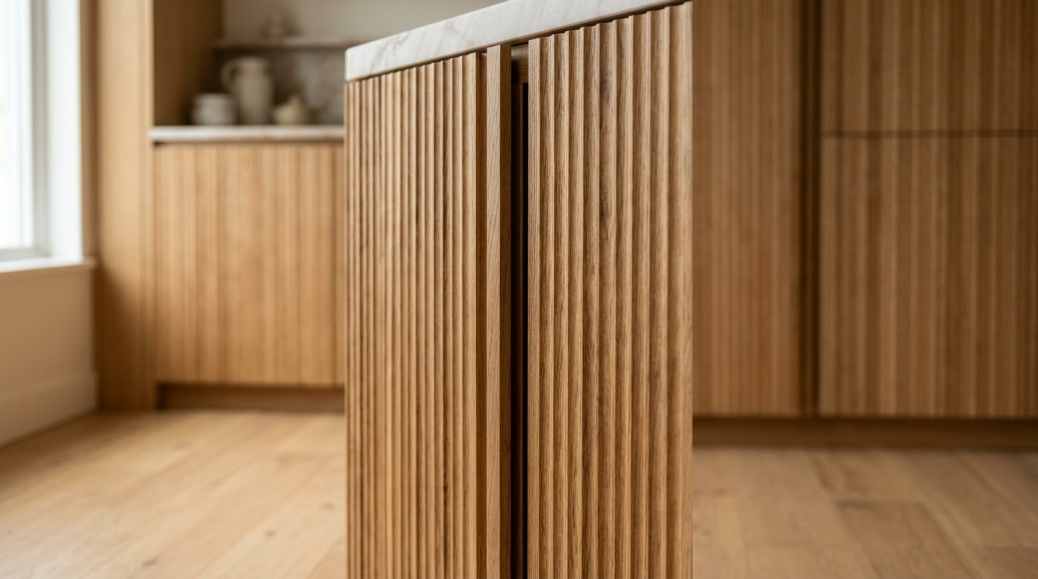 Close-up of bespoke floor-to-ceiling concealed cabinetry in matte white oak, illustrating efficient storage for Greek island kitchen design.
