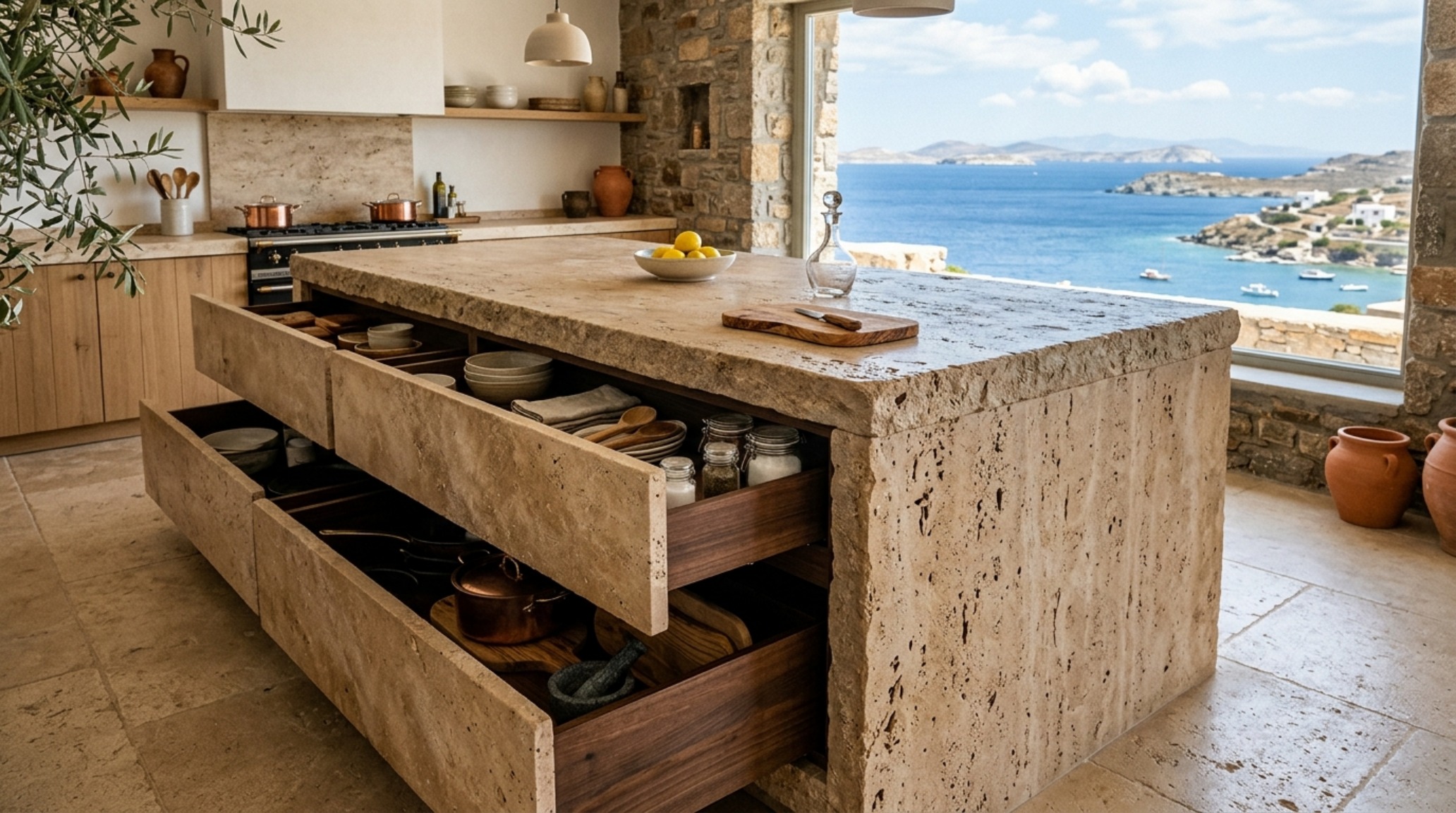 A multi-functional kitchen island with honed travertine stone and integrated deep storage drawers, perfect for aesthetic antikythera island pay to live there interior layouts.