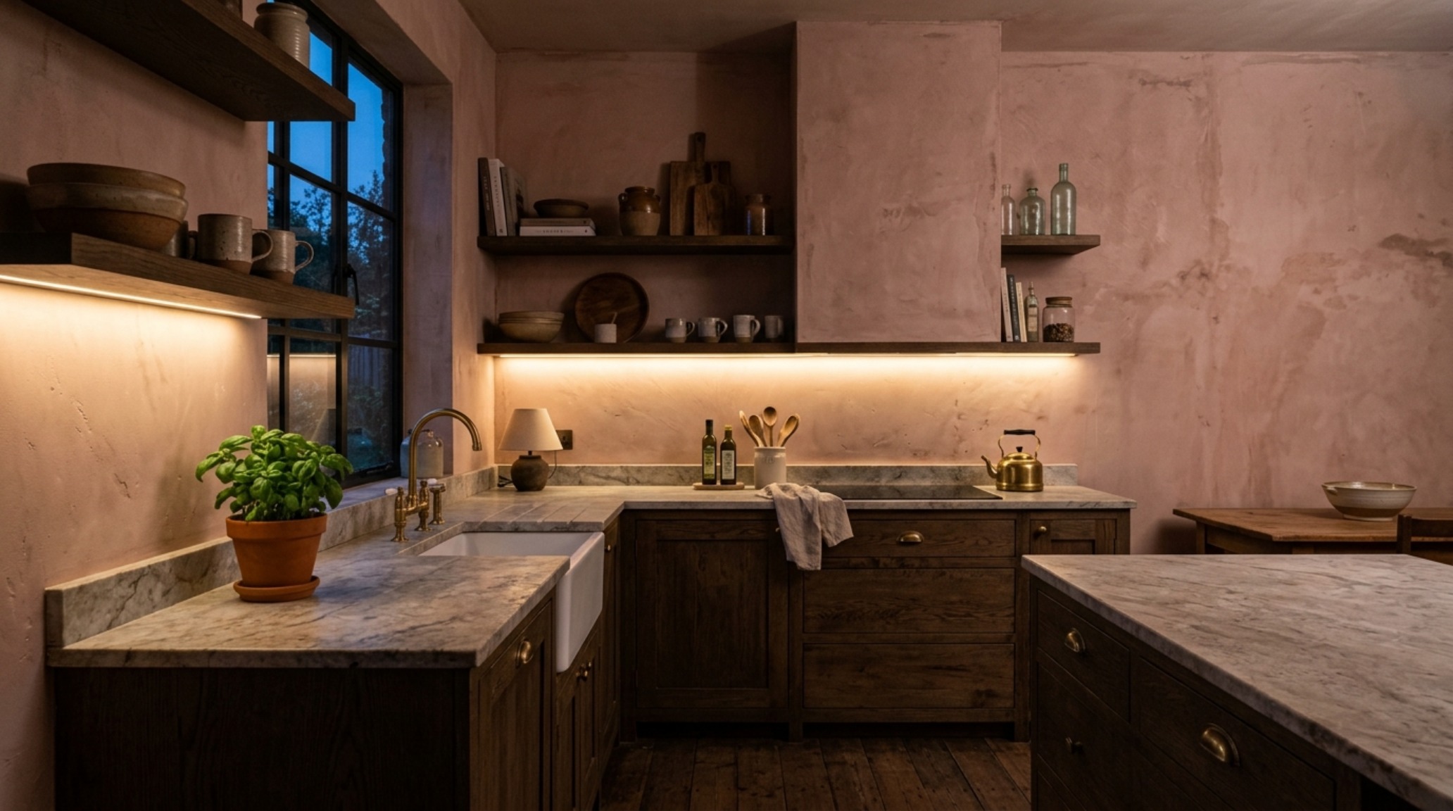 Warm 2700K atmospheric lighting highlighting raw plaster walls and fluted oak textures in a self-sufficient Mediterranean kitchen.