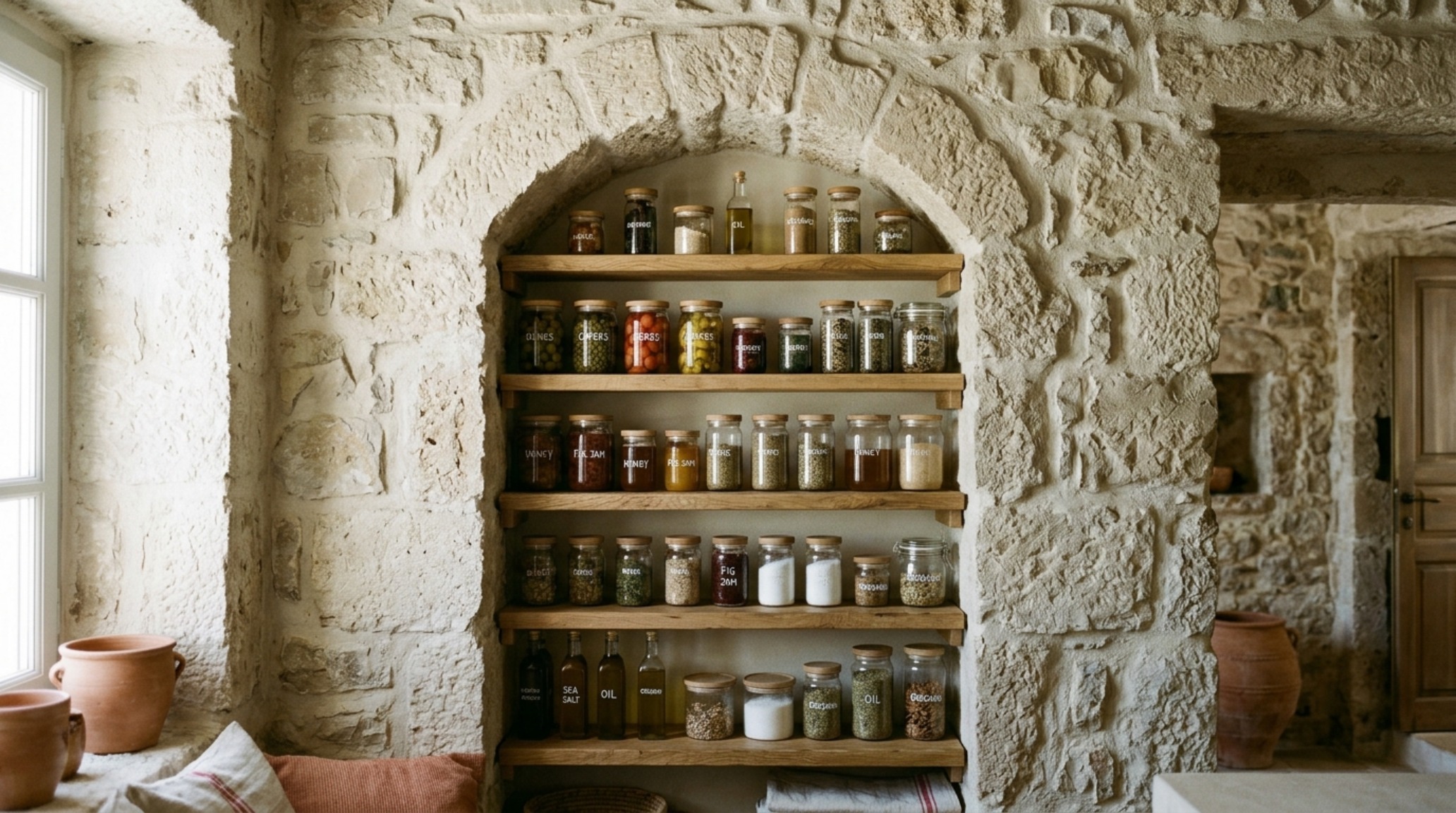 Detail of a hidden butler's pantry carved into thick masonry walls, showing off-grid Greek home organization for bulk supplies.