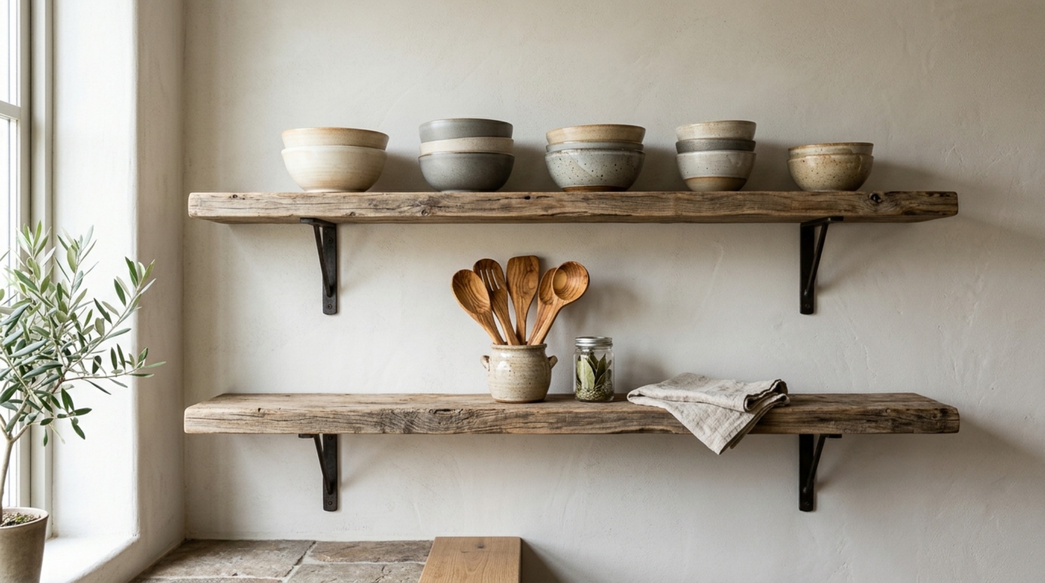 Tactile mix of reclaimed wood shelving and local Greek stone backsplashes, emphasizing the Mediterranean remote living decor trend.