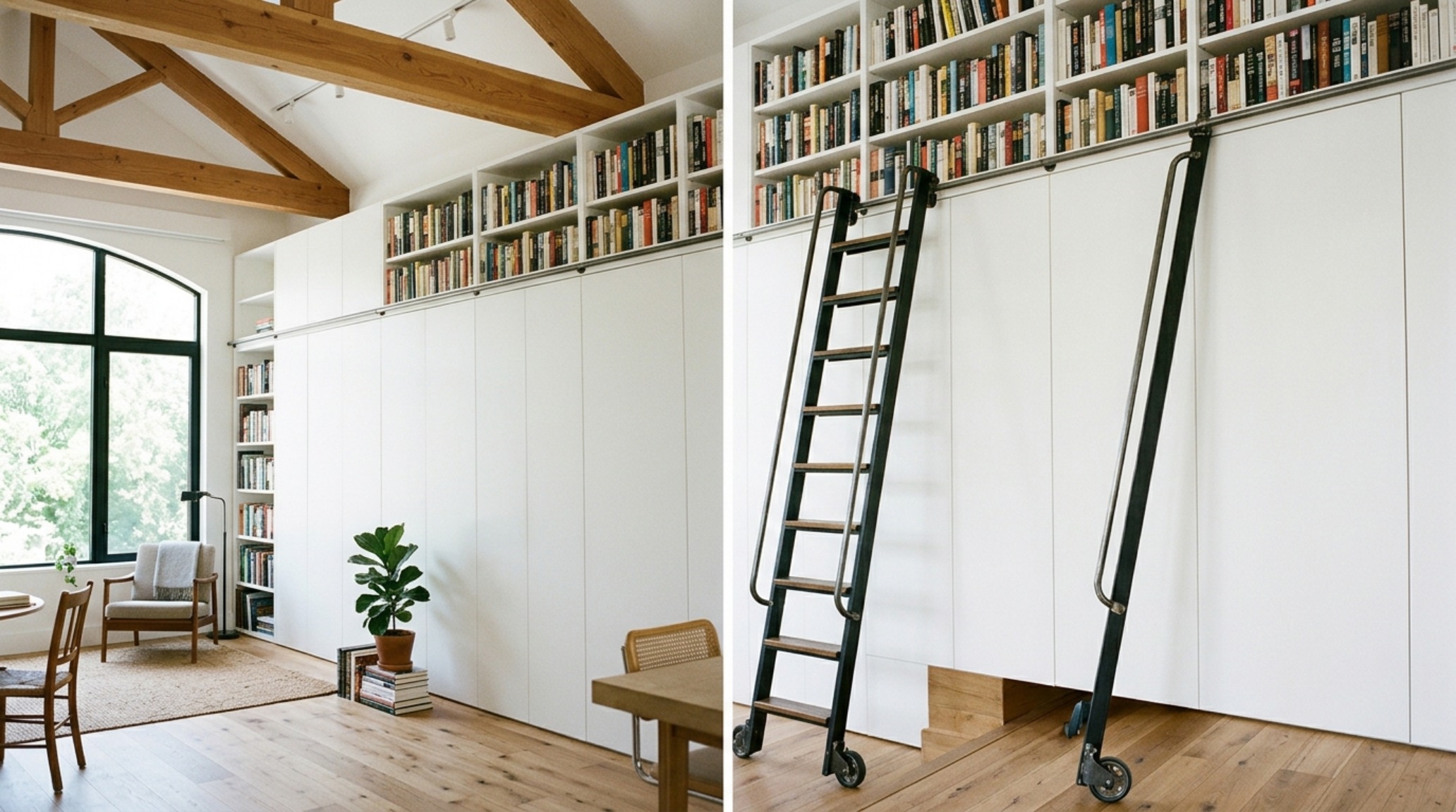 A Rolling library ladder accessing high-vertical storage in a compact Aegean floor plan with minimalist cabinetry.