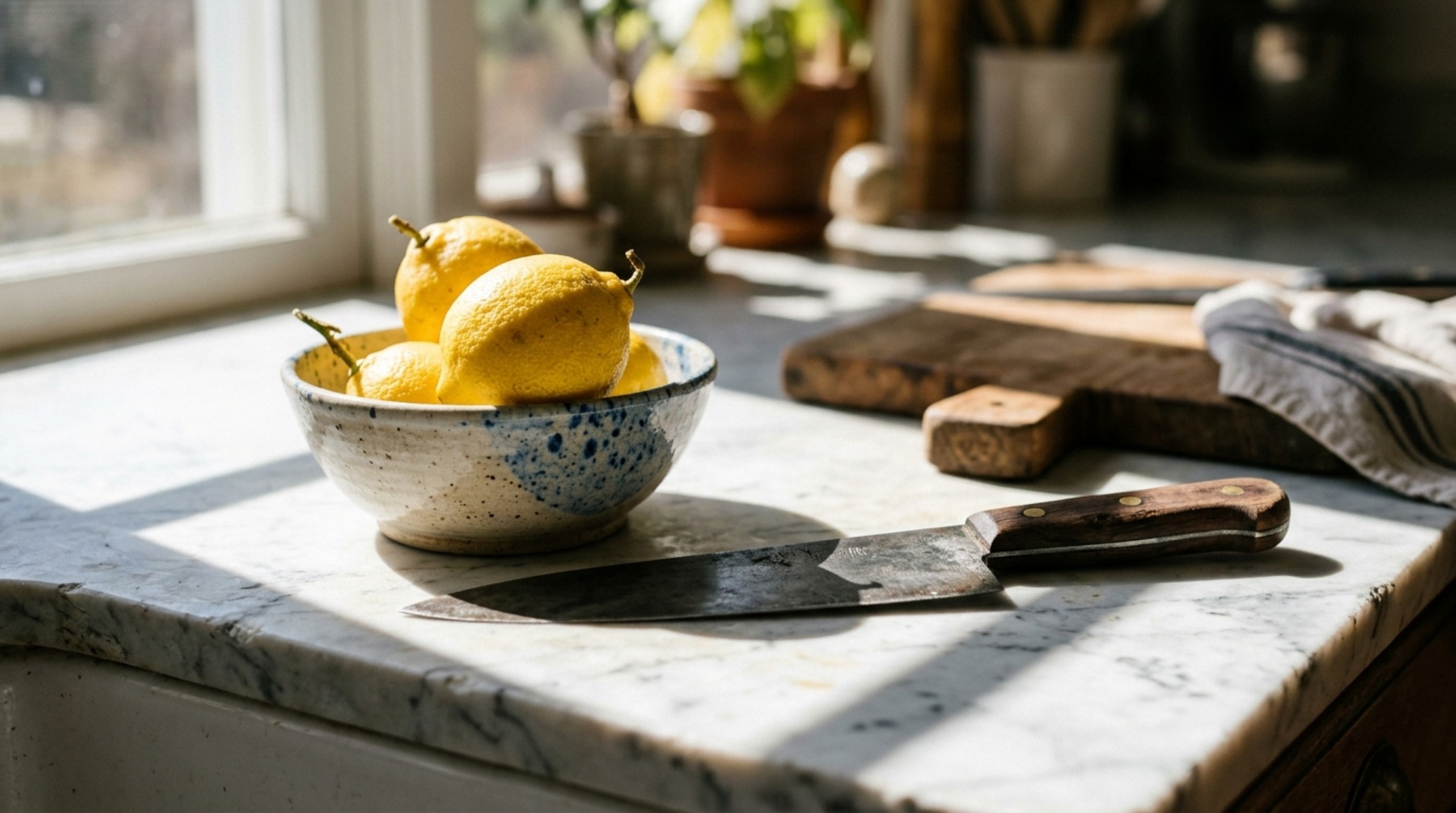Natural sunlight streaming through a window onto a honed travertine countertop with fresh Mediterranean herbs and ceramics.