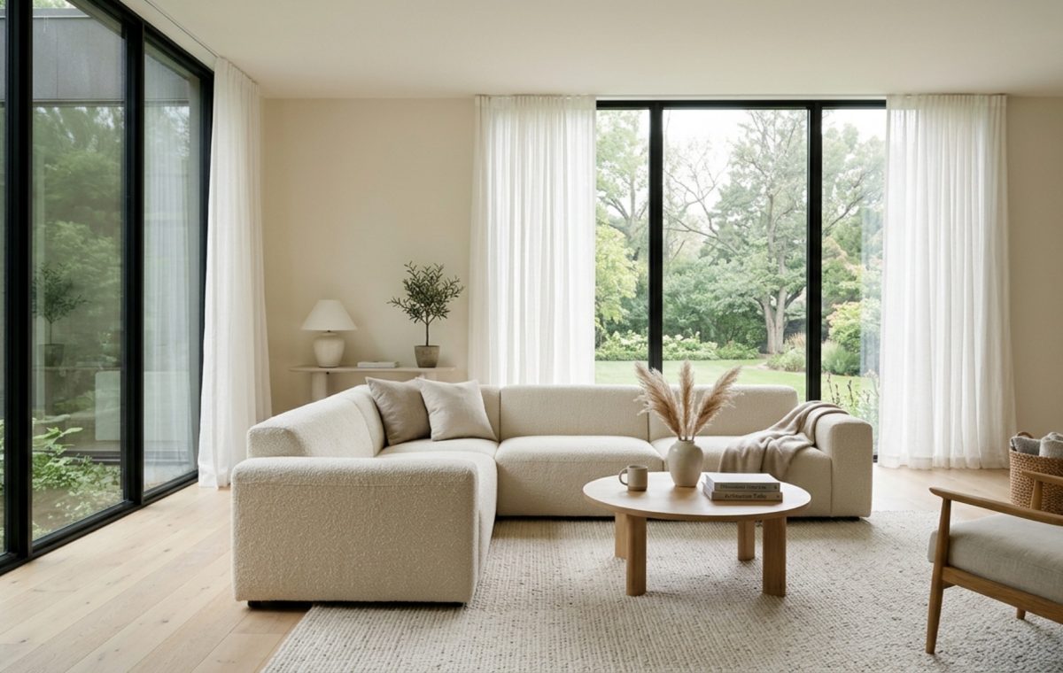 A sprawling cream bouclé sectional sofa in a minimalist living room with floor-to-ceiling windows, highlighting the best memorial day sales deals couches decor ideas for an airy, organic modern aesthetic.