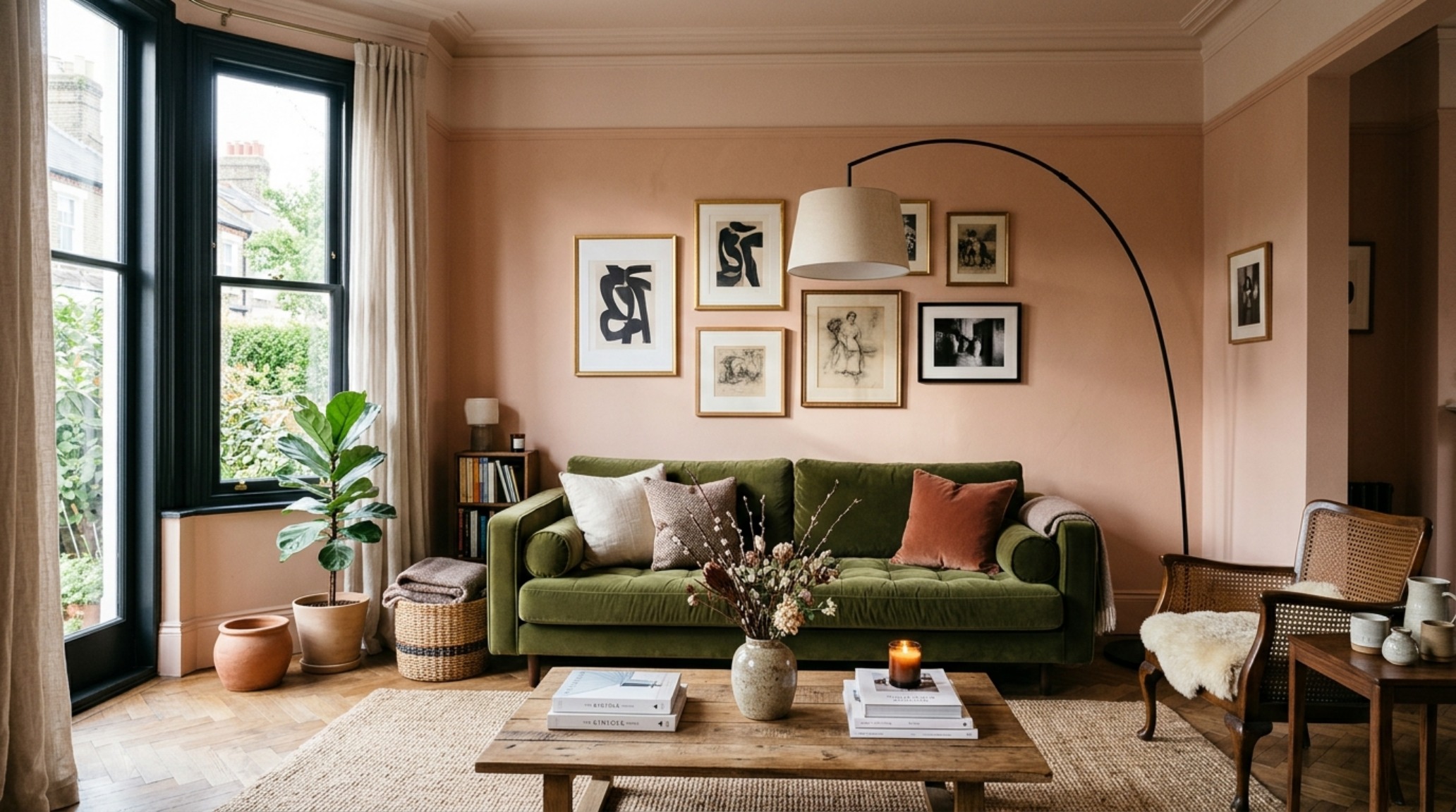 Living room wall painted in Benjamin Moore Swiss Coffee with a mid-century modern velvet sofa in olive green, showcasing luxury velvet couch sales 2024 and tonal paint palettes. Living room wall painted in Benjamin Moore Swiss Coffee with a mid-century modern velvet sofa in olive green, showcasing luxury velvet couch sales 2024 and tonal paint palettes.