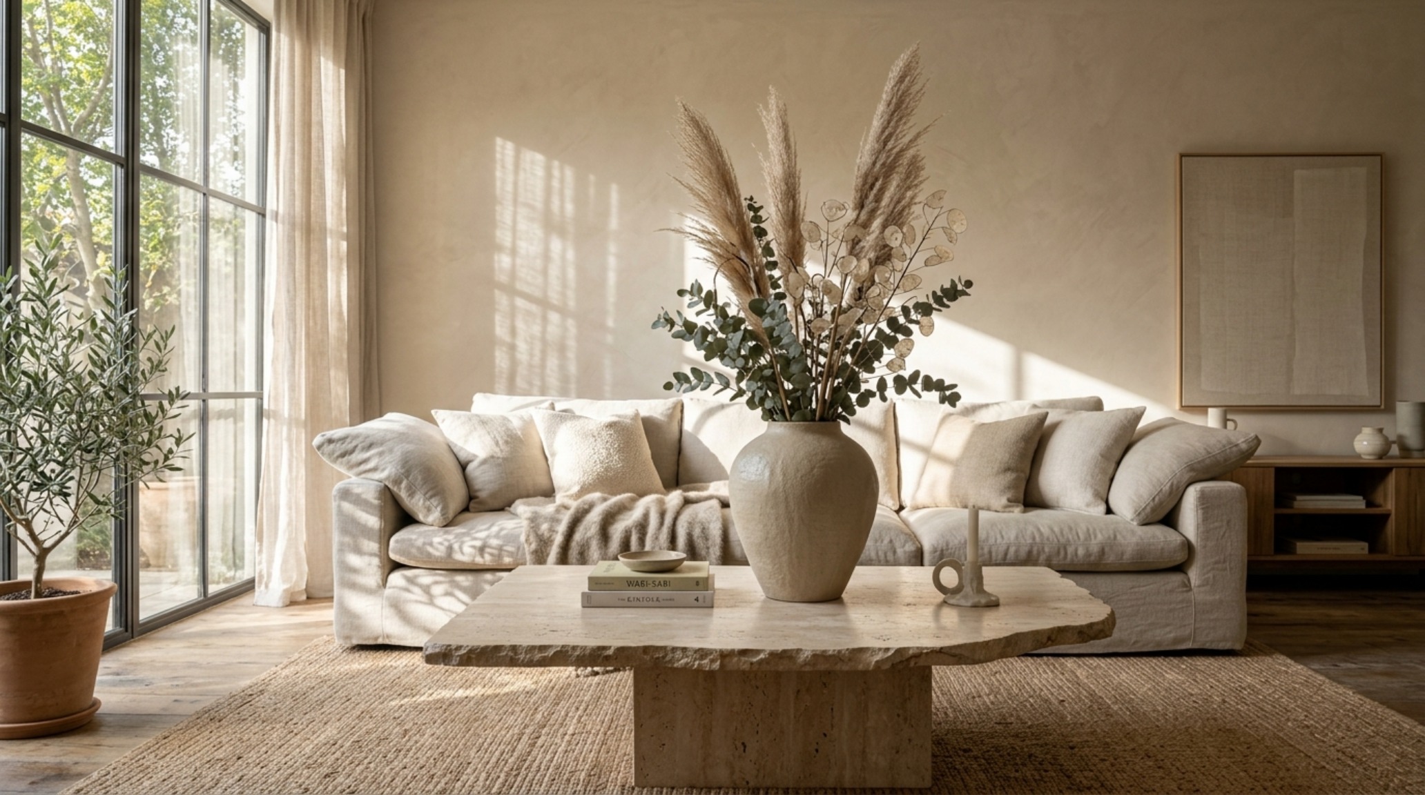 Tactile living room styling with a linen cloud sofa dupe, oversized ceramic vessels, and natural directional sunlight creating soft shadows on a honed travertine floor. Tactile living room styling with a linen cloud sofa dupe, oversized ceramic vessels, and natural directional sunlight creating soft shadows on a honed travertine floor.