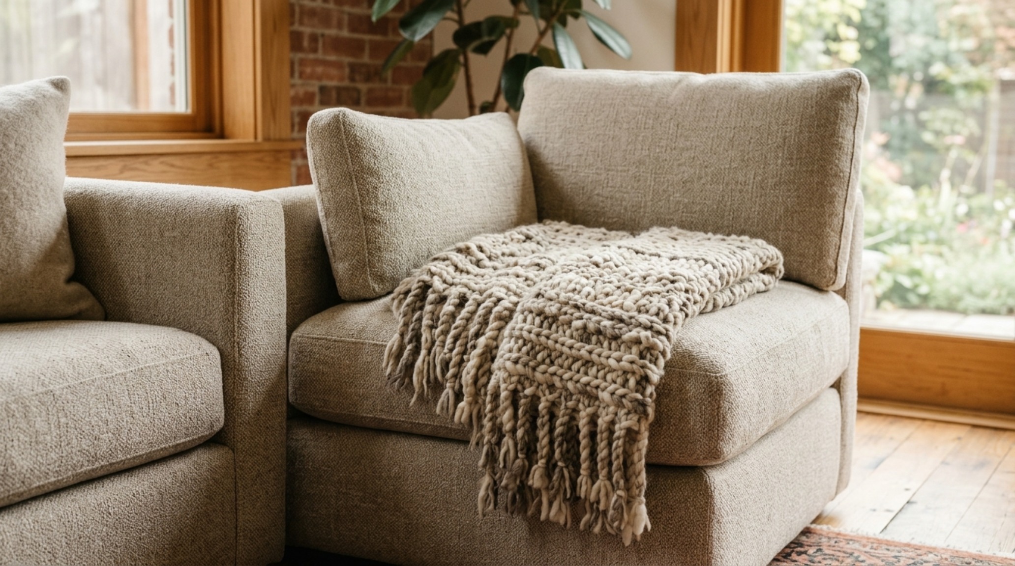 Detailed shot of a pet-friendly performance fabric sectional in a light oatmeal hue, demonstrating durability and tactile grounding in high-traffic interior design. Detailed shot of a pet-friendly performance fabric sectional in a light oatmeal hue, demonstrating durability and tactile grounding in high-traffic interior design.