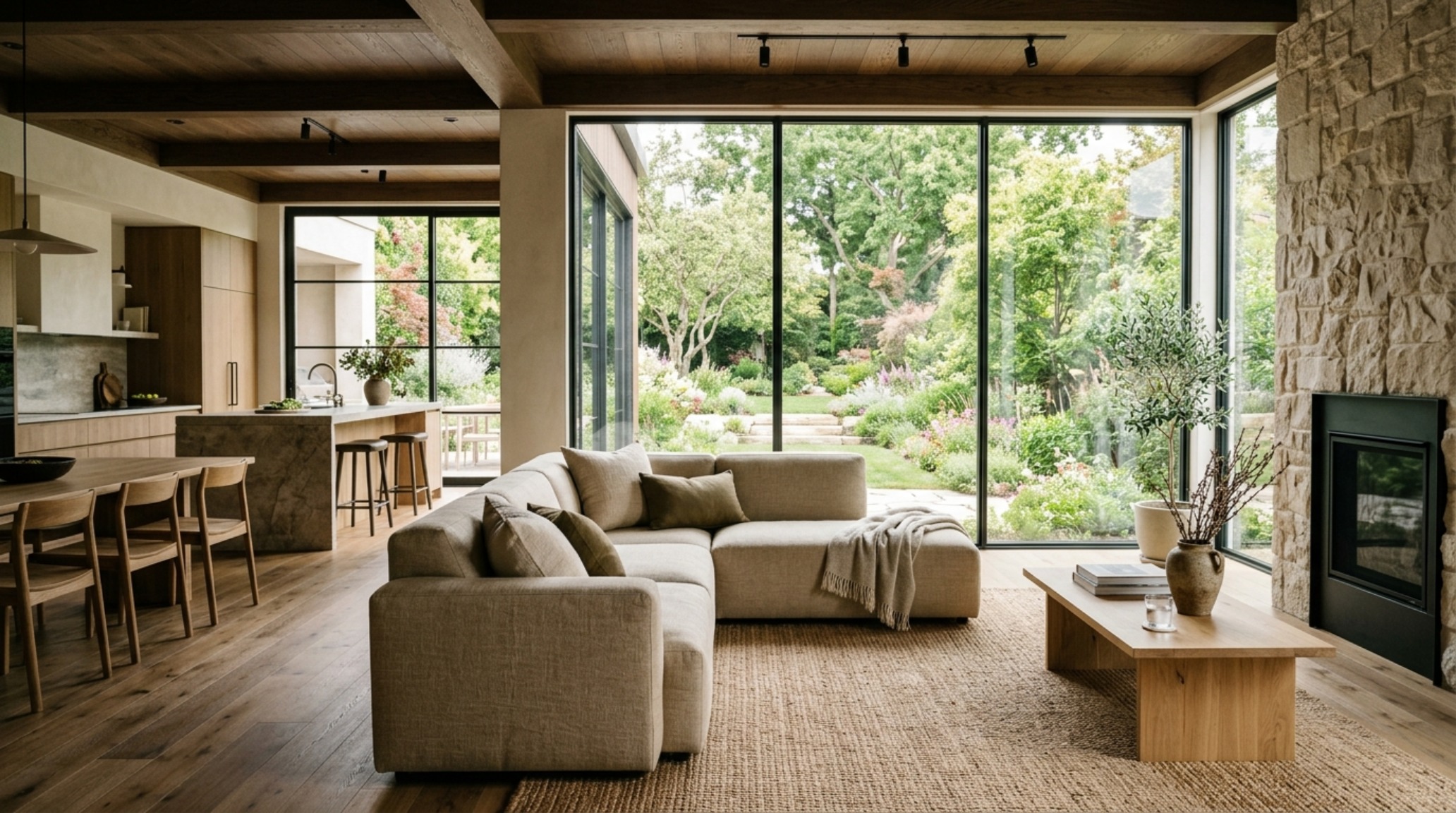 Modern penthouse living room with a focus on sightline alignment, featuring a low-back sectional that stays below the window sill to maximize views and biophilic connection. Modern penthouse living room with a focus on sightline alignment, featuring a low-back sectional that stays below the window sill to maximize views and biophilic connection.