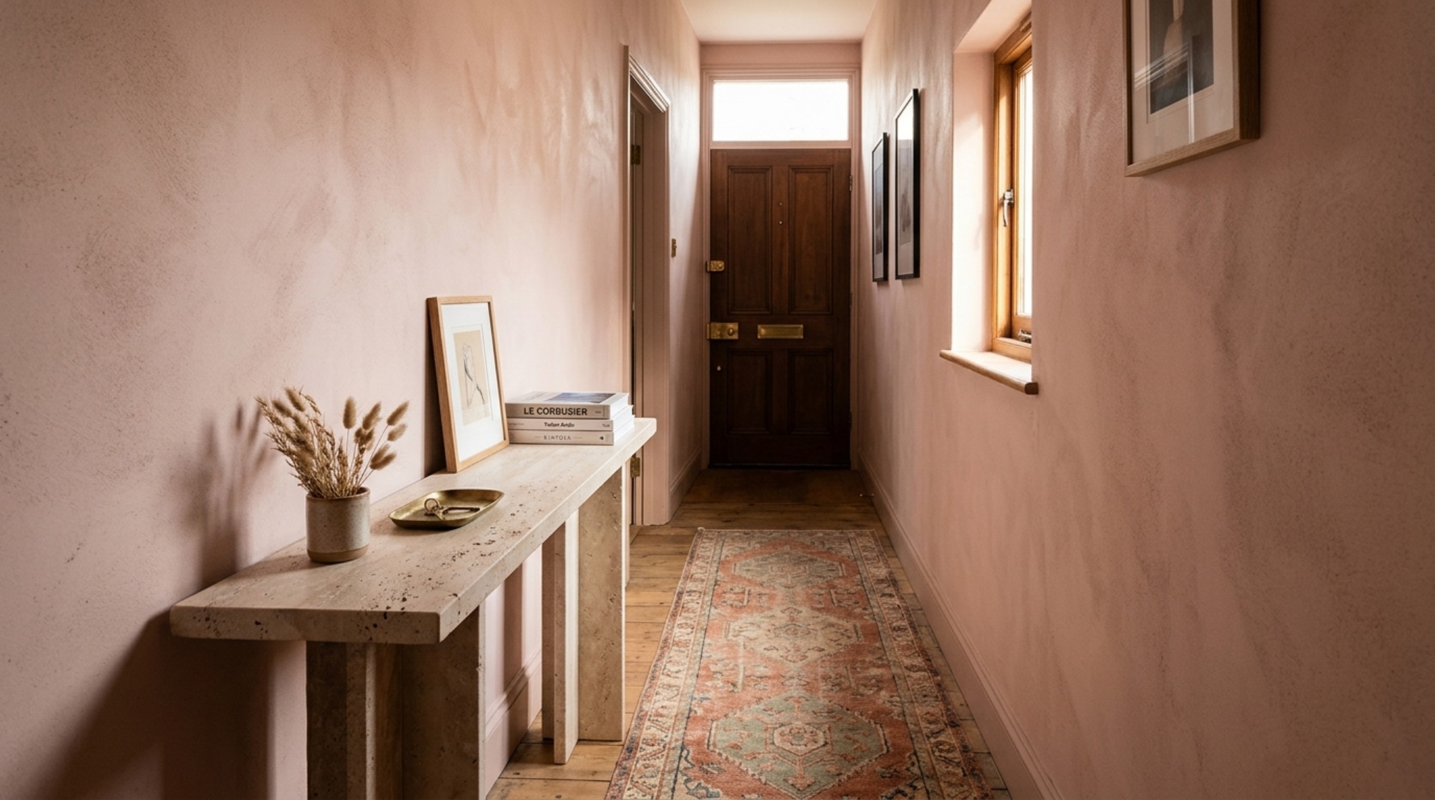 A narrow entryway featuring Farrow and Ball Setting Plaster walls and a slim honed travertine console table, emphasizing quiet luxury and organic modern design. A narrow entryway featuring Farrow and Ball Setting Plaster walls and a slim honed travertine console table, emphasizing quiet luxury and organic modern design.