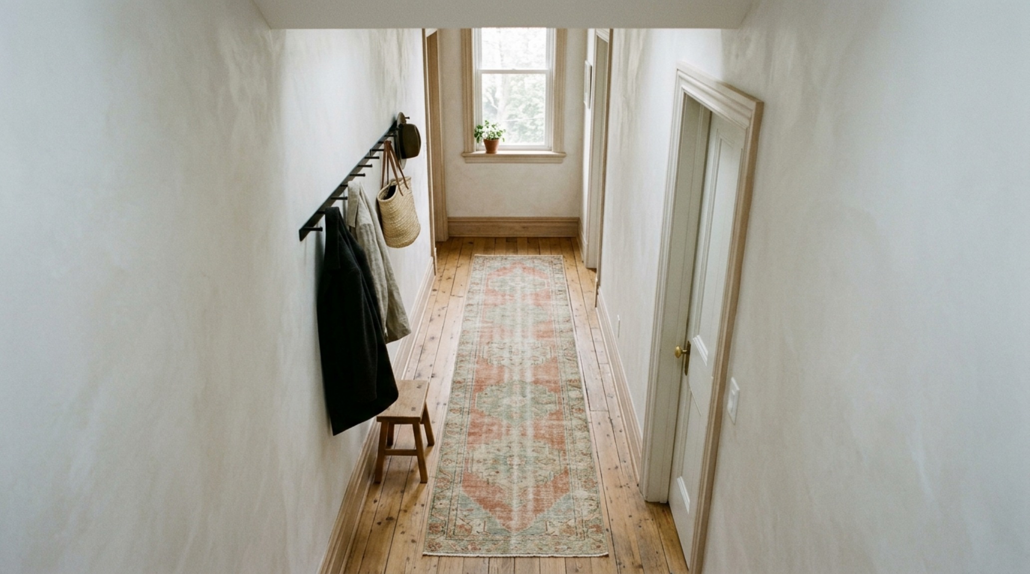 A long, narrow hallway featuring a vintage Oushak runner rug and a modern entryway gallery with minimalist oak frames. A long, narrow hallway featuring a vintage Oushak runner rug and a modern entryway gallery with minimalist oak frames.