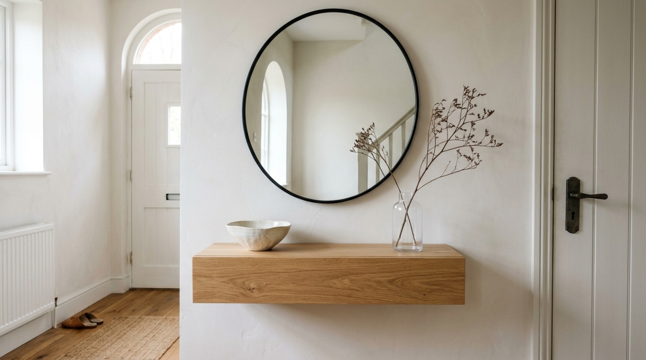 Luxury small entry storage solution with a slim wall mounted coat rack in brushed brass and a floating white oak shelf. Luxury small entry storage solution with a slim wall mounted coat rack in brushed brass and a floating white oak shelf.