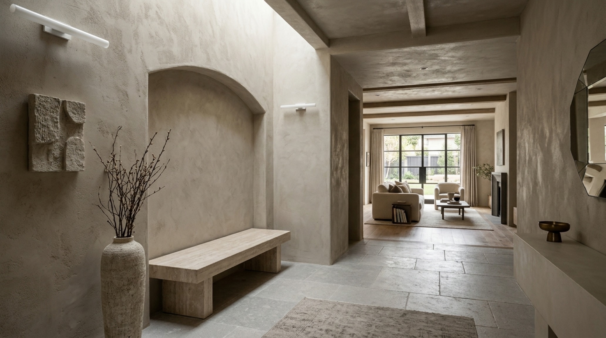 Designer foyer layout showcasing 36-inch walkway clearances and a minimalist stone bench against a soft pink plaster wall. Designer foyer layout showcasing 36-inch walkway clearances and a minimalist stone bench against a soft pink plaster wall.