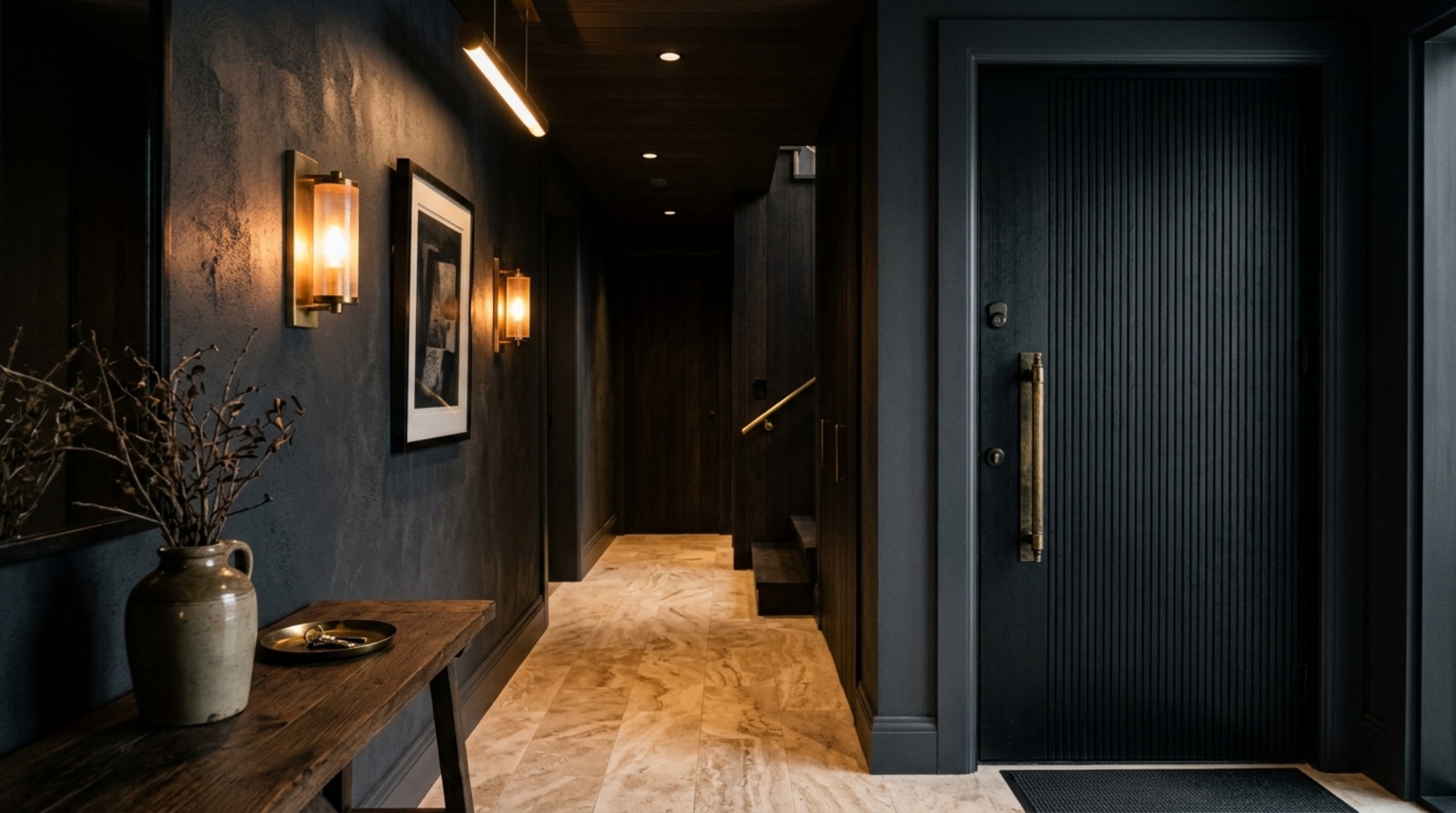 Sophisticated narrow entryway ideas featuring a dark charcoal door contrast against Swiss Coffee walls and brass hardware. Sophisticated narrow entryway ideas featuring a dark charcoal door contrast against Swiss Coffee walls and brass hardware.