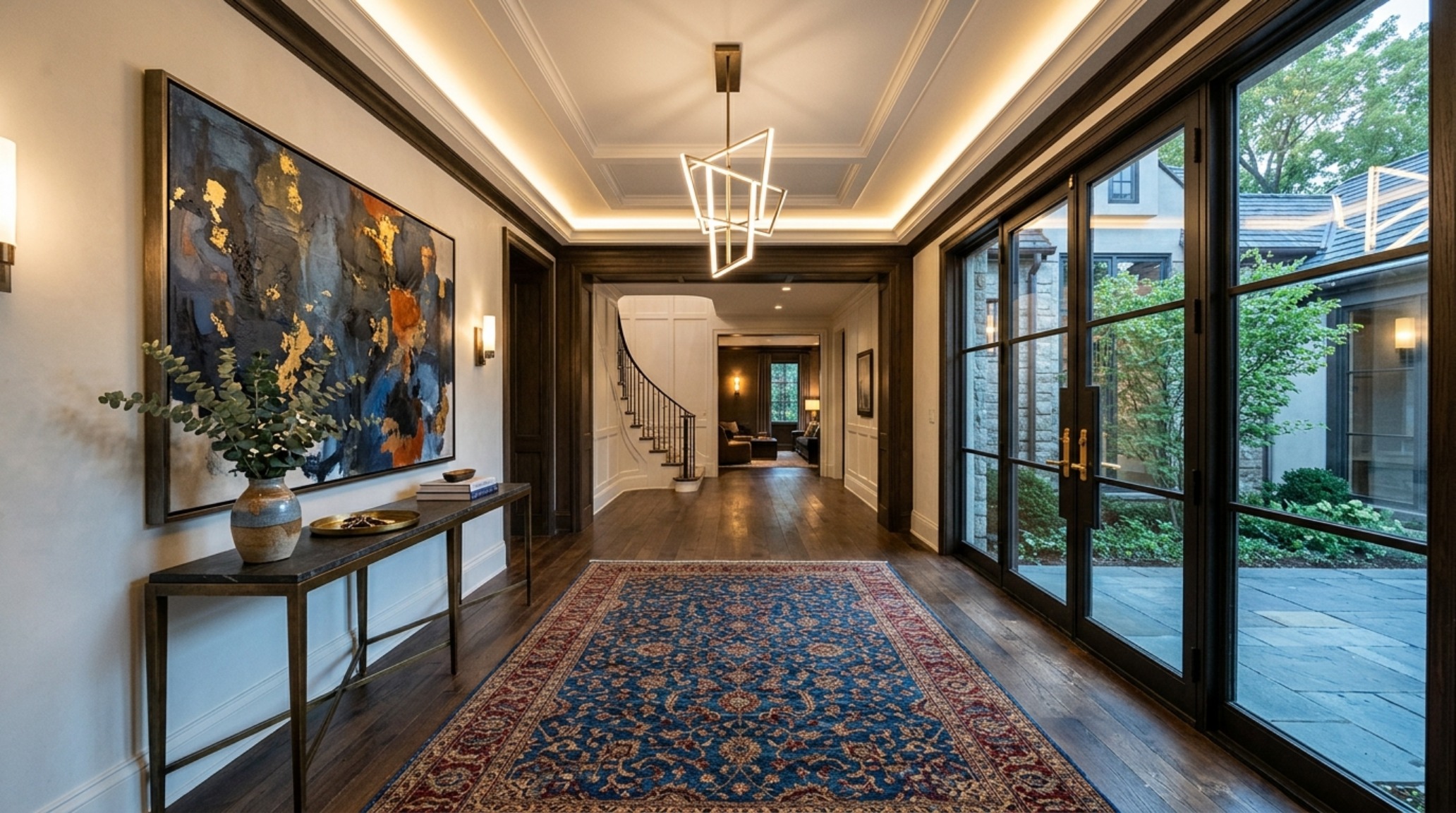 Tight residential drop zone styled with luxury materials, showing the intersection of fluted oak paneling and a hand-knotted wool rug. Tight residential drop zone styled with luxury materials, showing the intersection of fluted oak paneling and a hand-knotted wool rug.