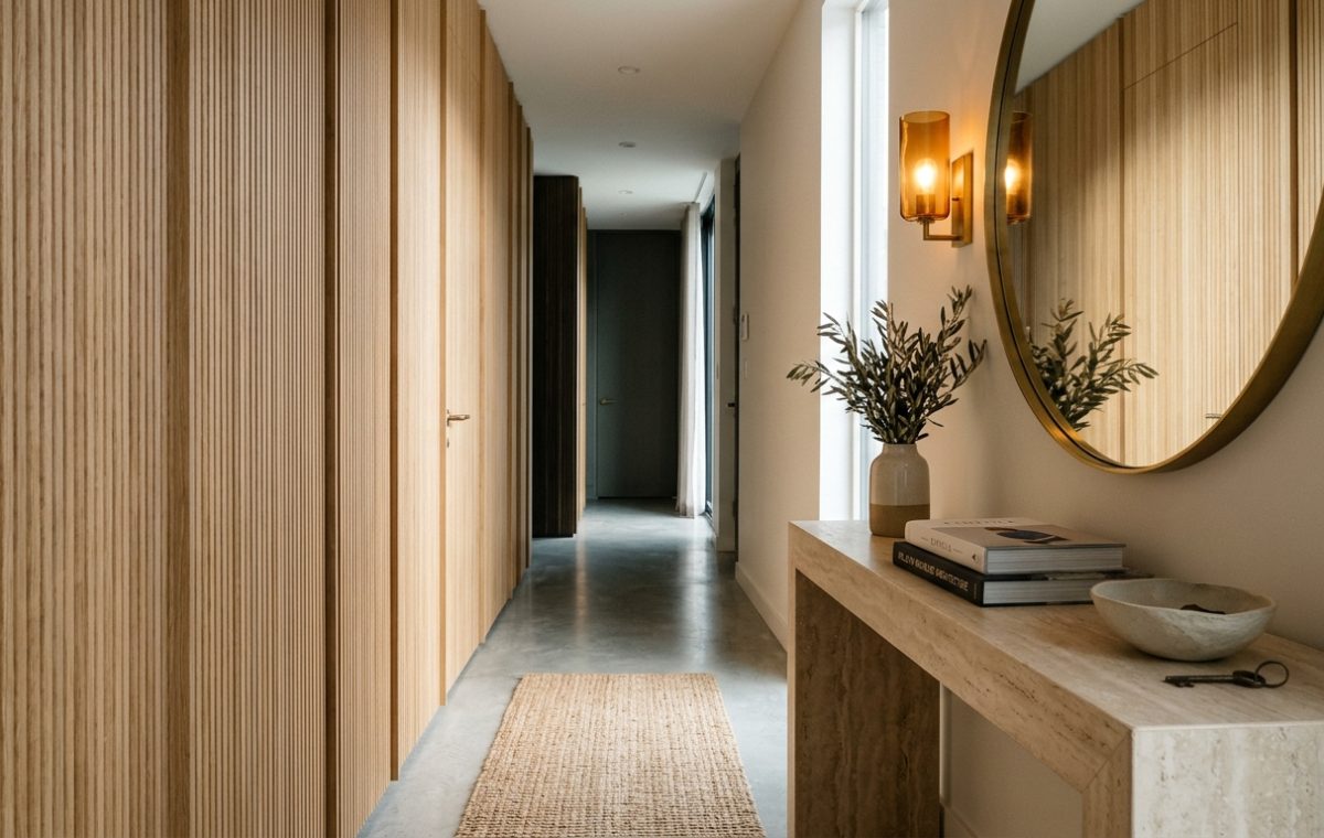 A stunning hero shot of a narrow foyer featuring fluted white oak walls, a honed travertine console, and a 2700K warm glow reflecting off an arched mirror, illustrating premium narrow entryway ideas.
