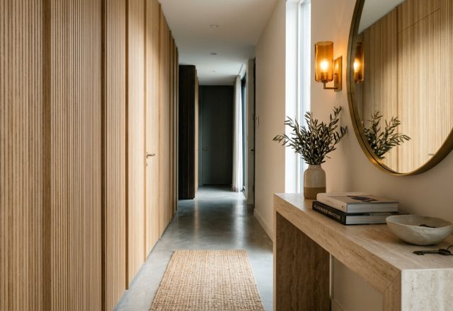 A stunning hero shot of a narrow foyer featuring fluted white oak walls, a honed travertine console, and a 2700K warm glow reflecting off an arched mirror, illustrating premium narrow entryway ideas.