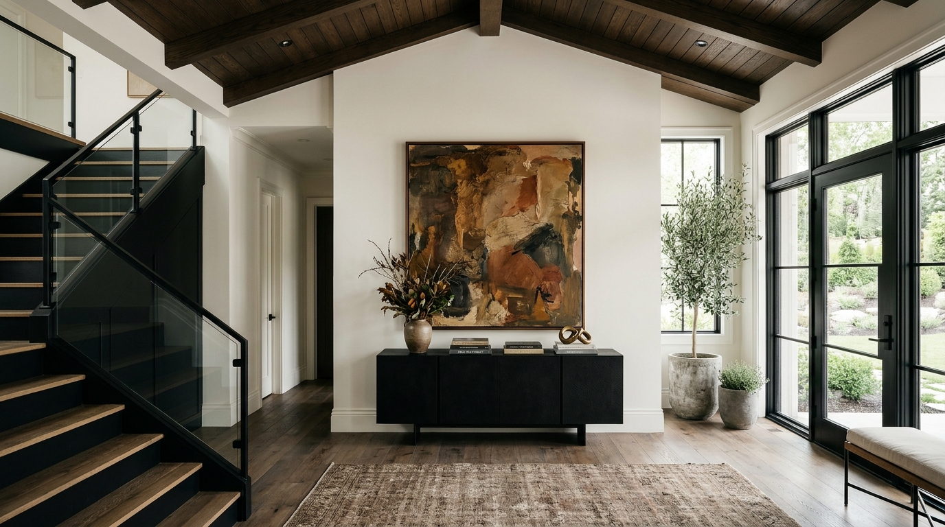 Warm Alabaster walls paired with dark charcoal accents for a high-contrast, 'Quiet Luxury' foyer aesthetic.
