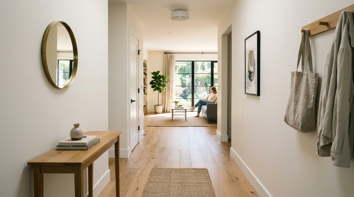 Perspective view of a long, narrow entryway using light-toned European oak flooring to widen the visual field.