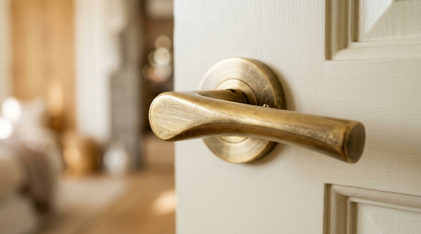 Detailed shot of a high-quality door handle in brushed brass against a Farrow and Ball Ammonite painted door.