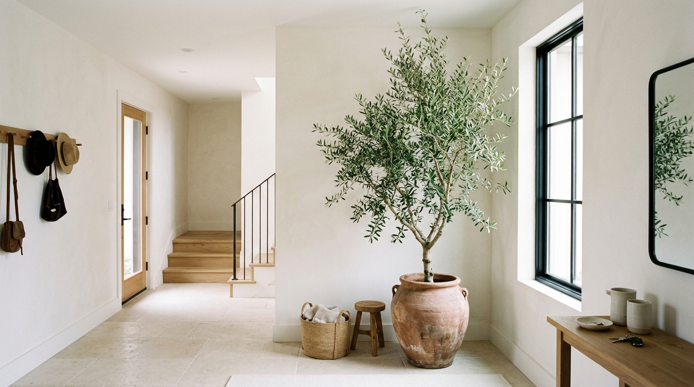 Integration of indoor greenery in a foyer: a tall olive tree in a terracotta pot softening the corner of a minimalist entry.