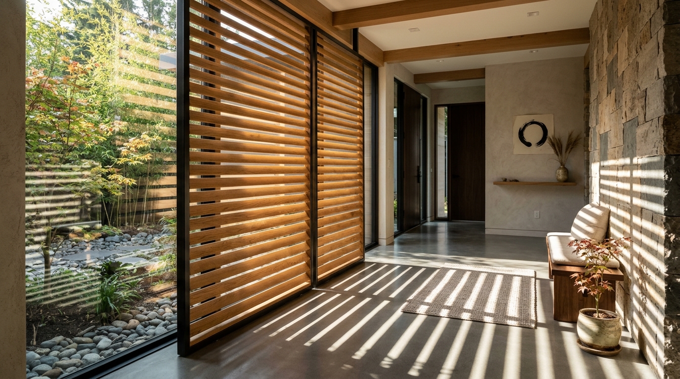 Shadow play in a foyer: slatted wood screens creating rhythmic light patterns on the floor during the golden hour.